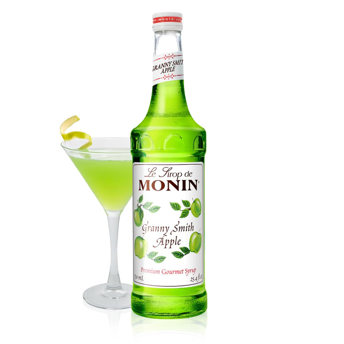 Monin Granny Smith Apple Syrup bottle shows tart green flavor for cocktails.