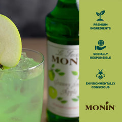 Monin Granny Smith Apple Syrup bottle over lemonades for bright flavor