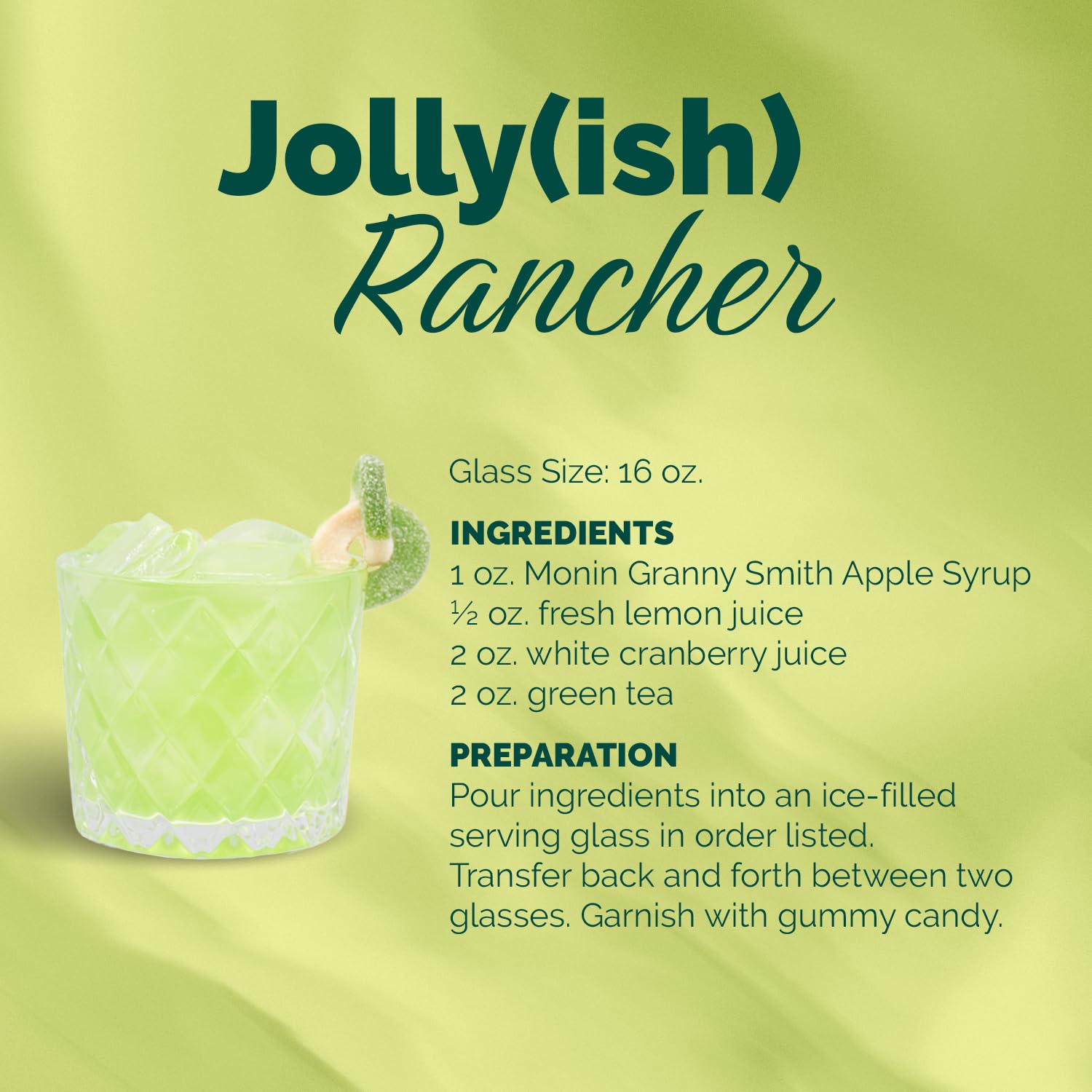 Monin Granny Smith Apple Syrup next to a tea cup enhances iced tea flavor.