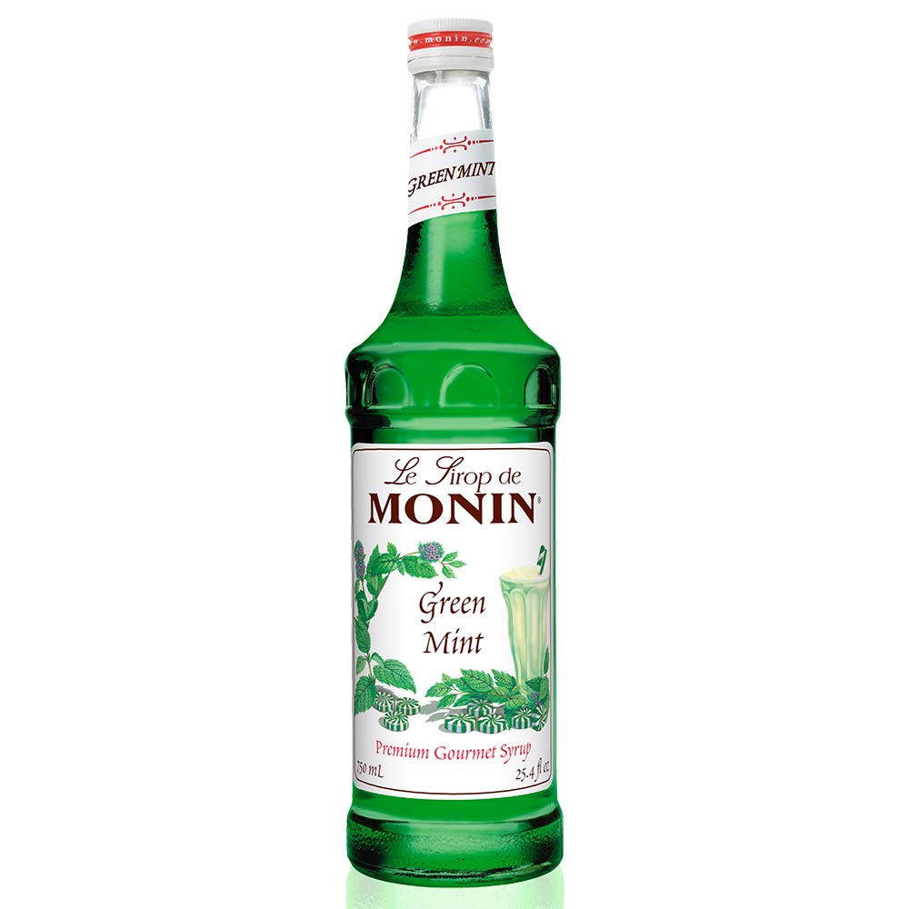 Monin Green Mint Syrup bottle front with vivid color for refreshing drinks