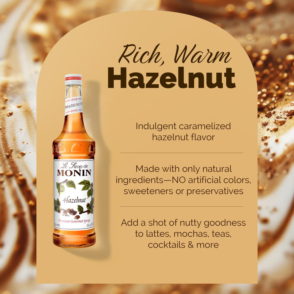 Creamy latte with Monin Hazelnut Syrup and hazelnut aroma close-up.