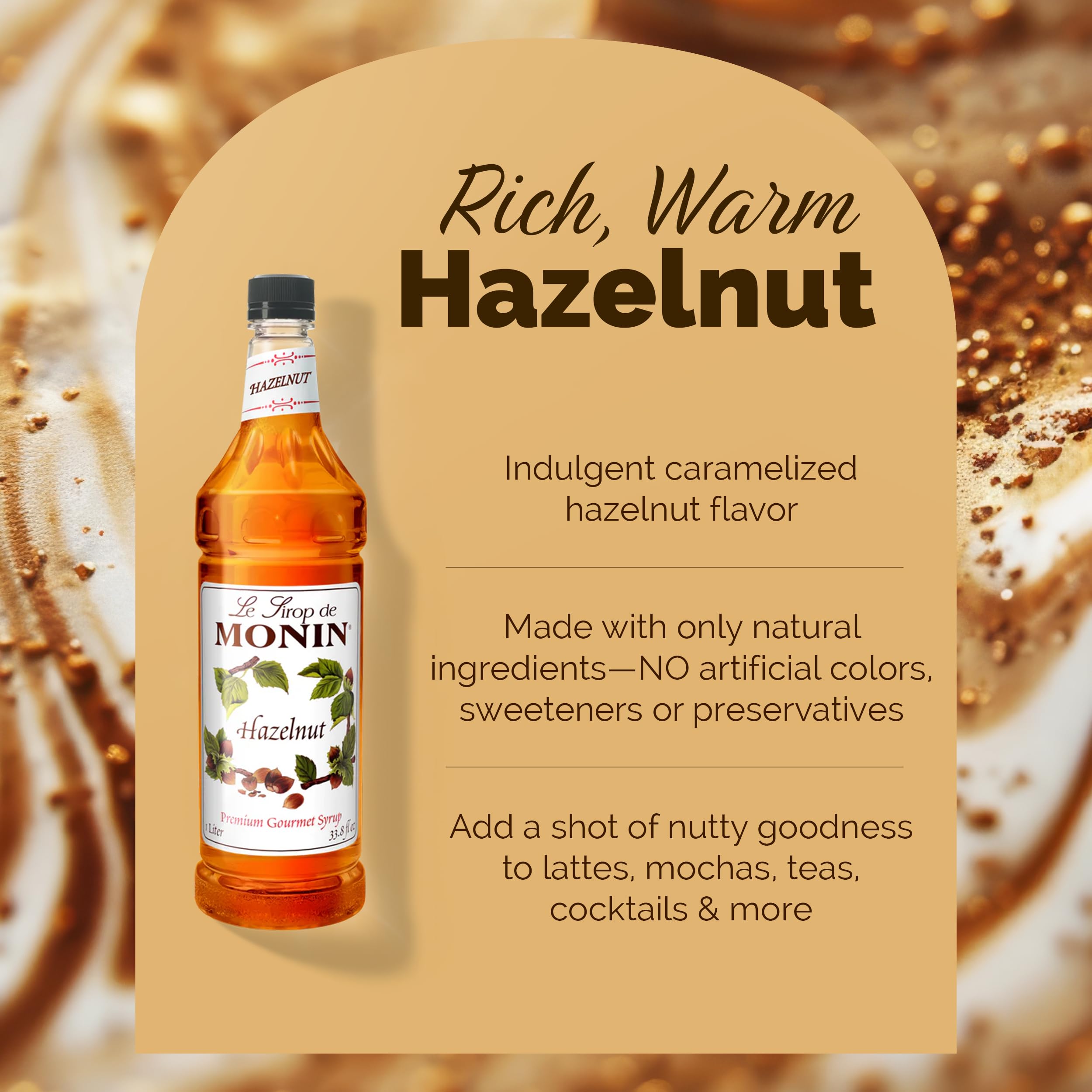 Monin Hazelnut Syrup latte with foam art boosting coffee flavor