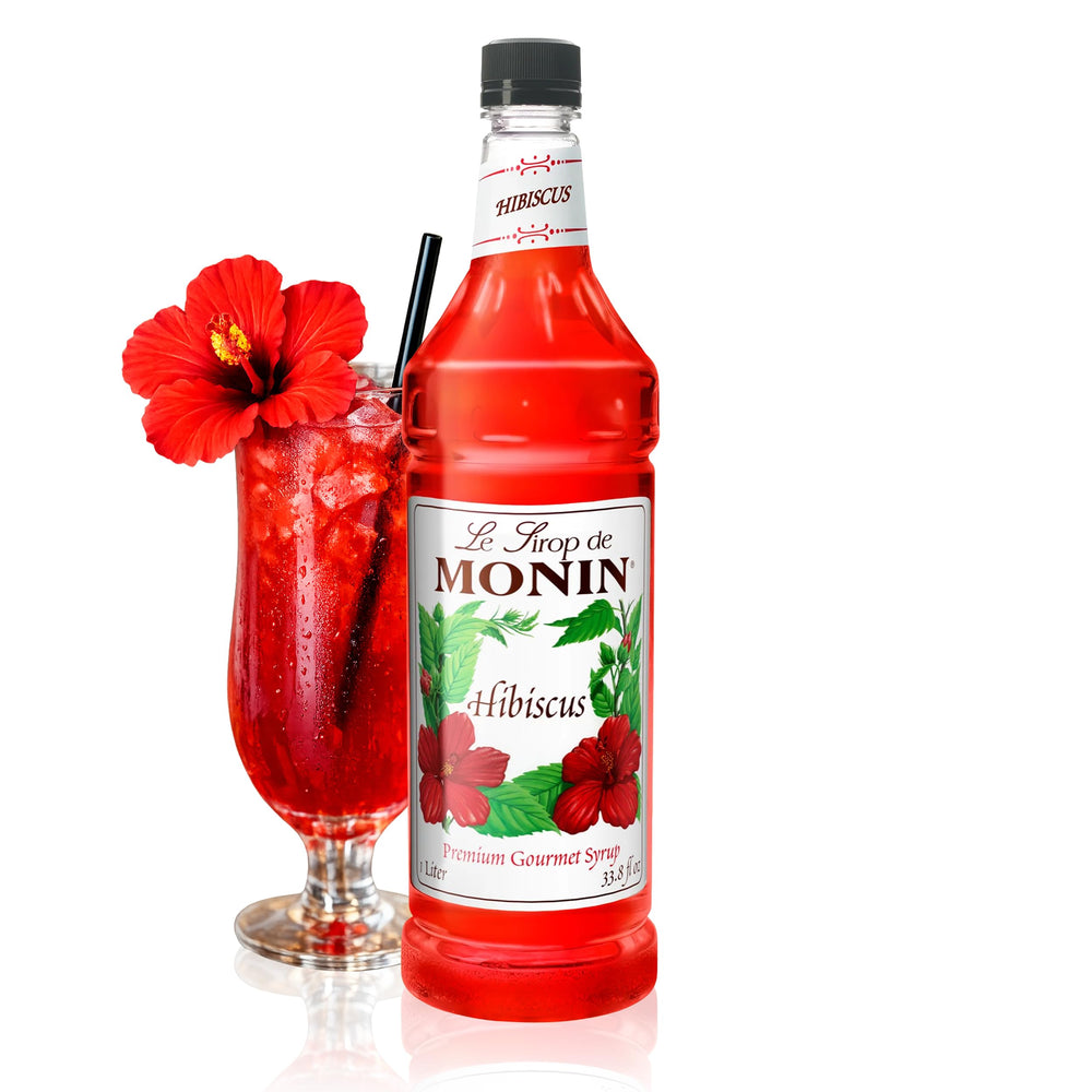 Monin Hibiscus Syrup bottle adds floral notes to cocktails and teas.