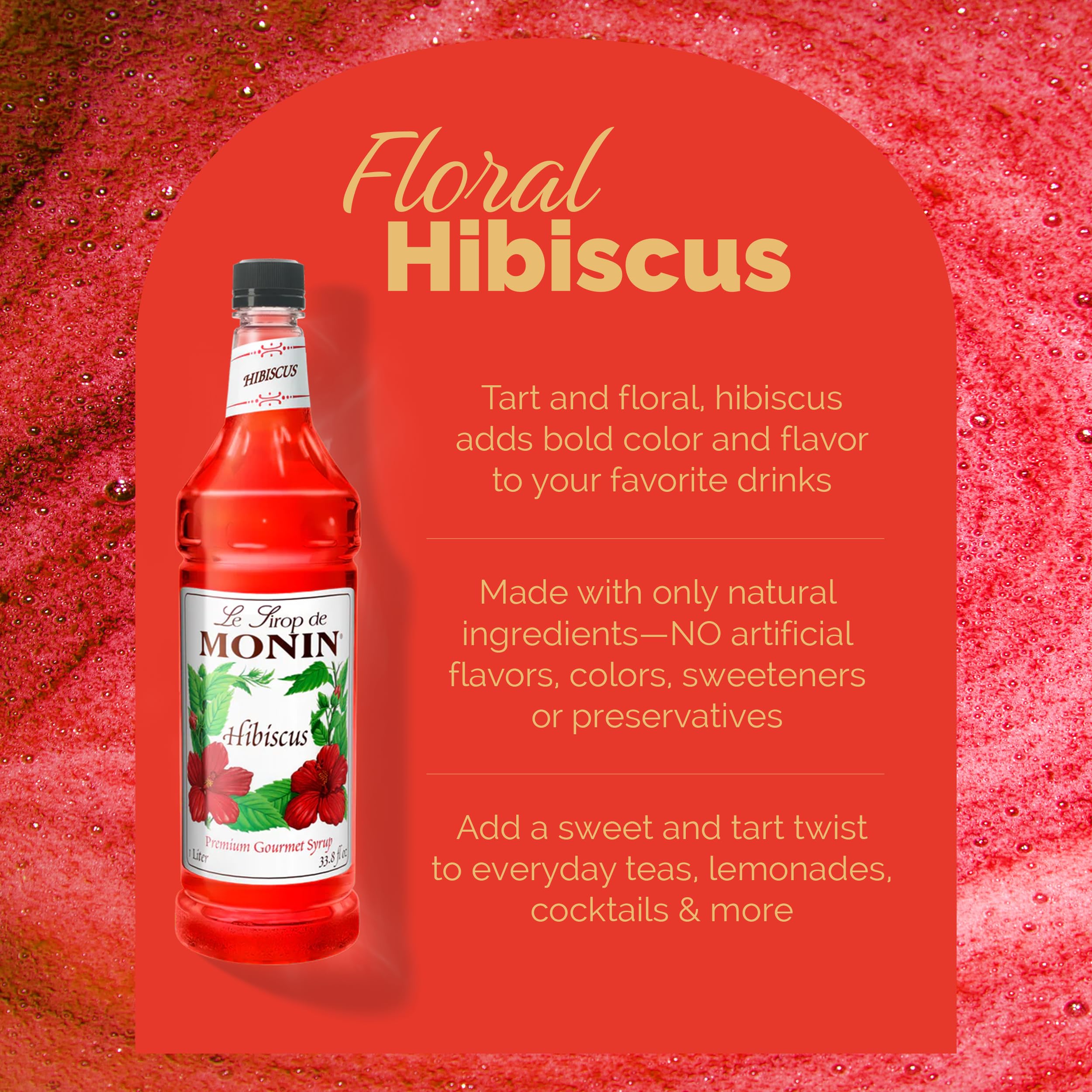 Monin Hibiscus Syrup cocktail-glass highlights a bright floral twist for cocktails.