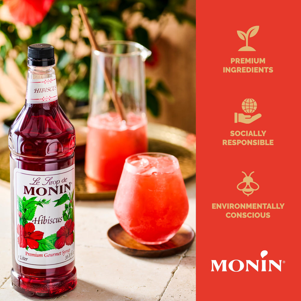 Monin Hibiscus Syrup tea-infusion delivers fragrant cranberry-cherry notes in iced tea.