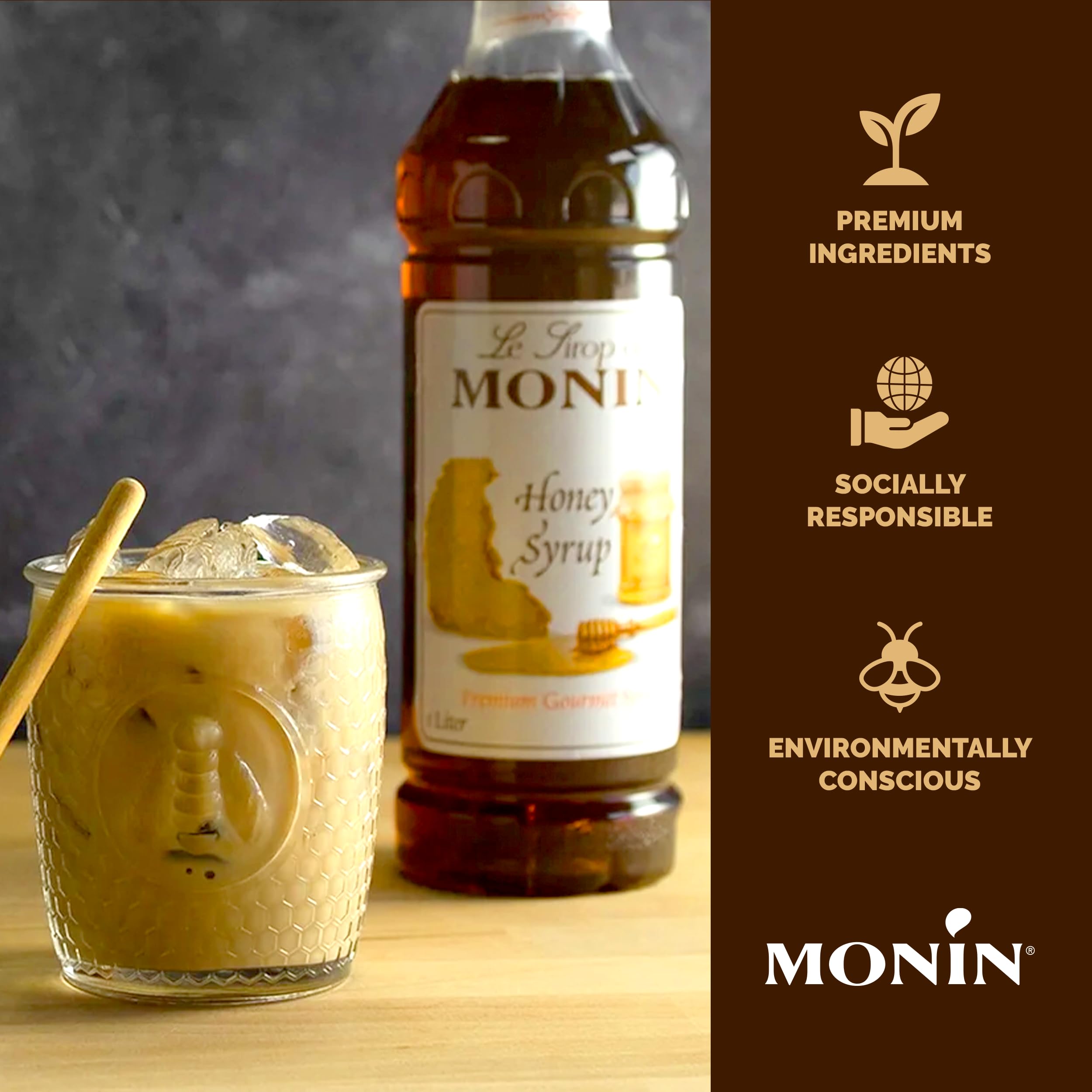 Monin Honey Syrup coffee steam adds subtle honey sweetness to coffee drinks