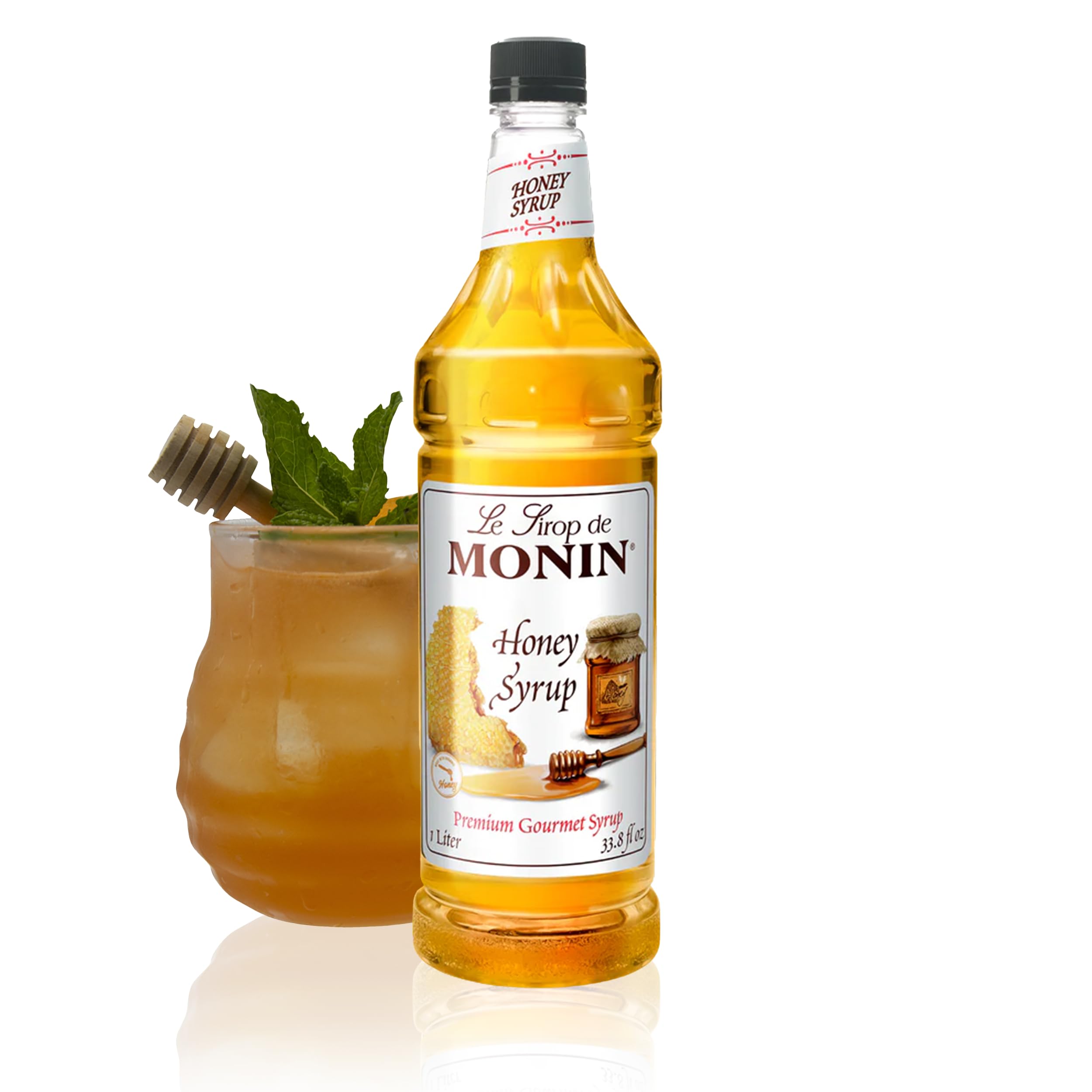 Monin Honey Syrup tea pour highlights smooth honey flavor for teas and lattes