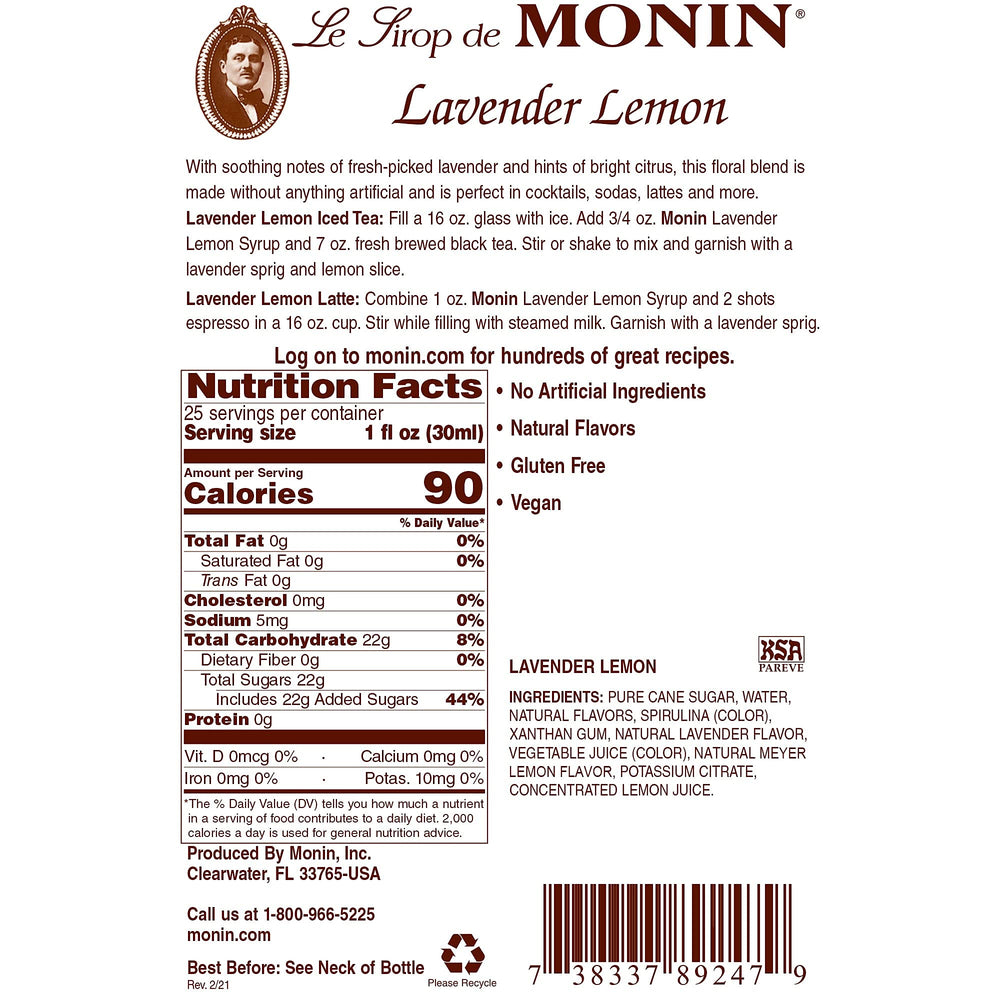 Pouring Monin Lavender Lemon Syrup adds floral notes and bright citrus to cocktails and coffee