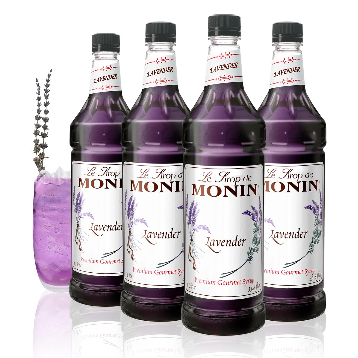 Monin Lavender Syrup bottle front enhances beverages with floral aroma.