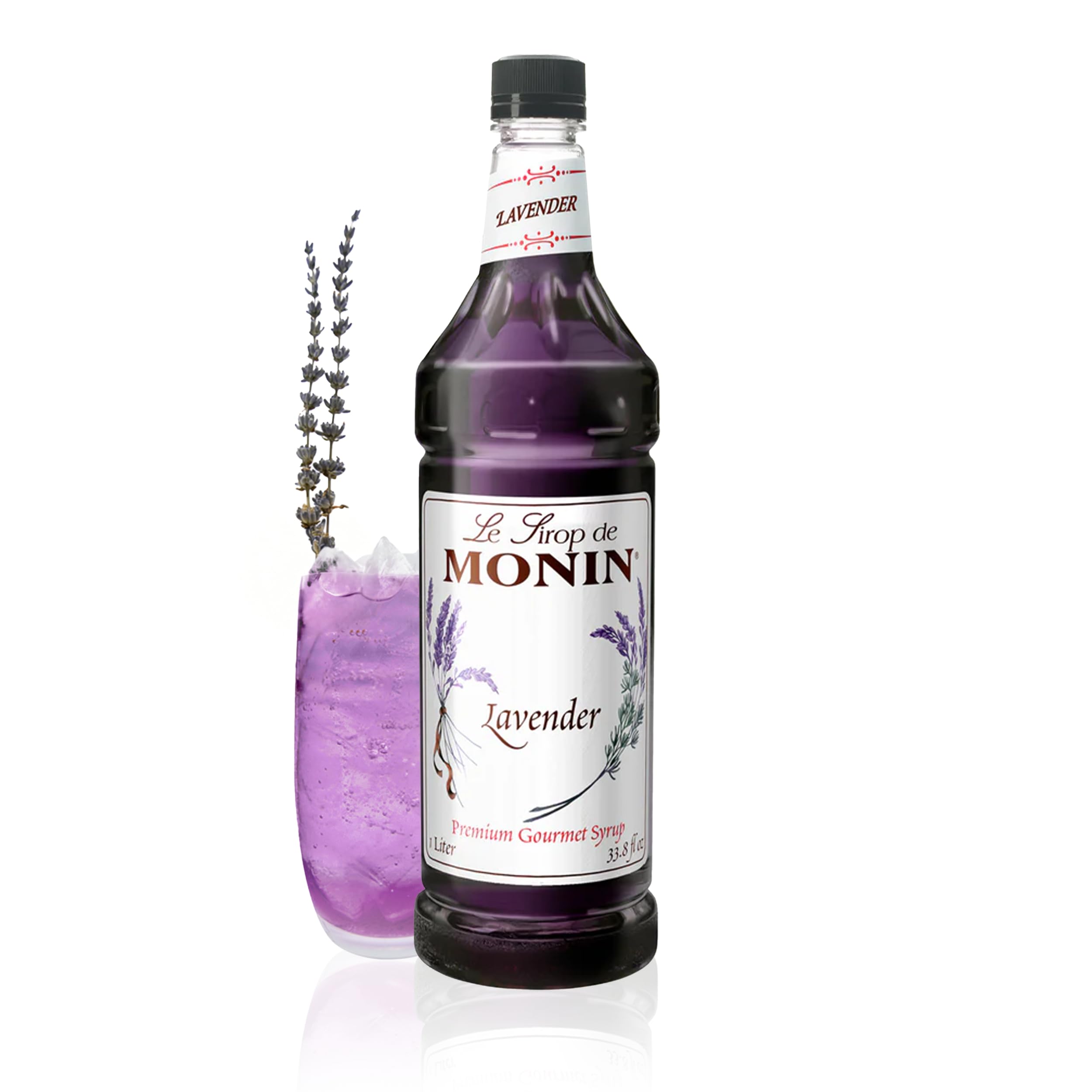 Monin Lavender Syrup bottle front, highlighting premium floral flavor for lattes and drinks