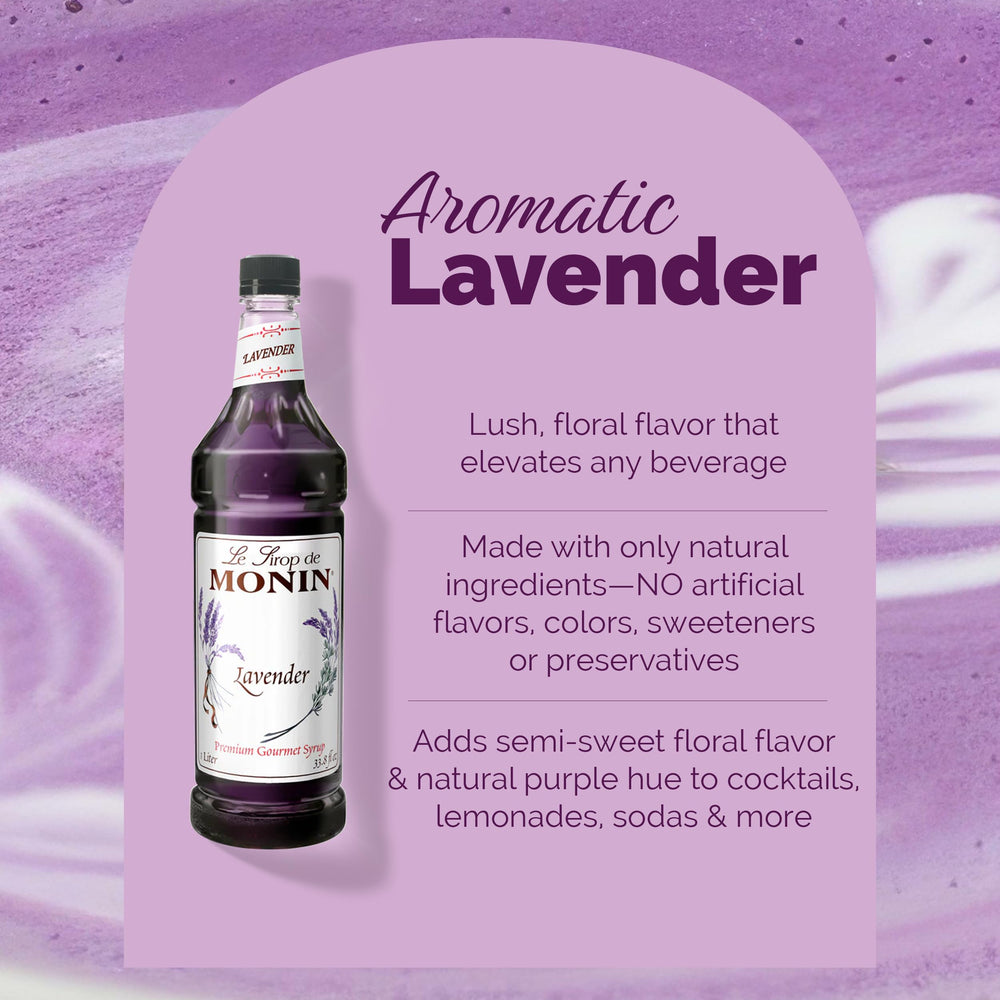 Monin Lavender Syrup cocktail glass adds a floral note to refreshing mixed drinks.
