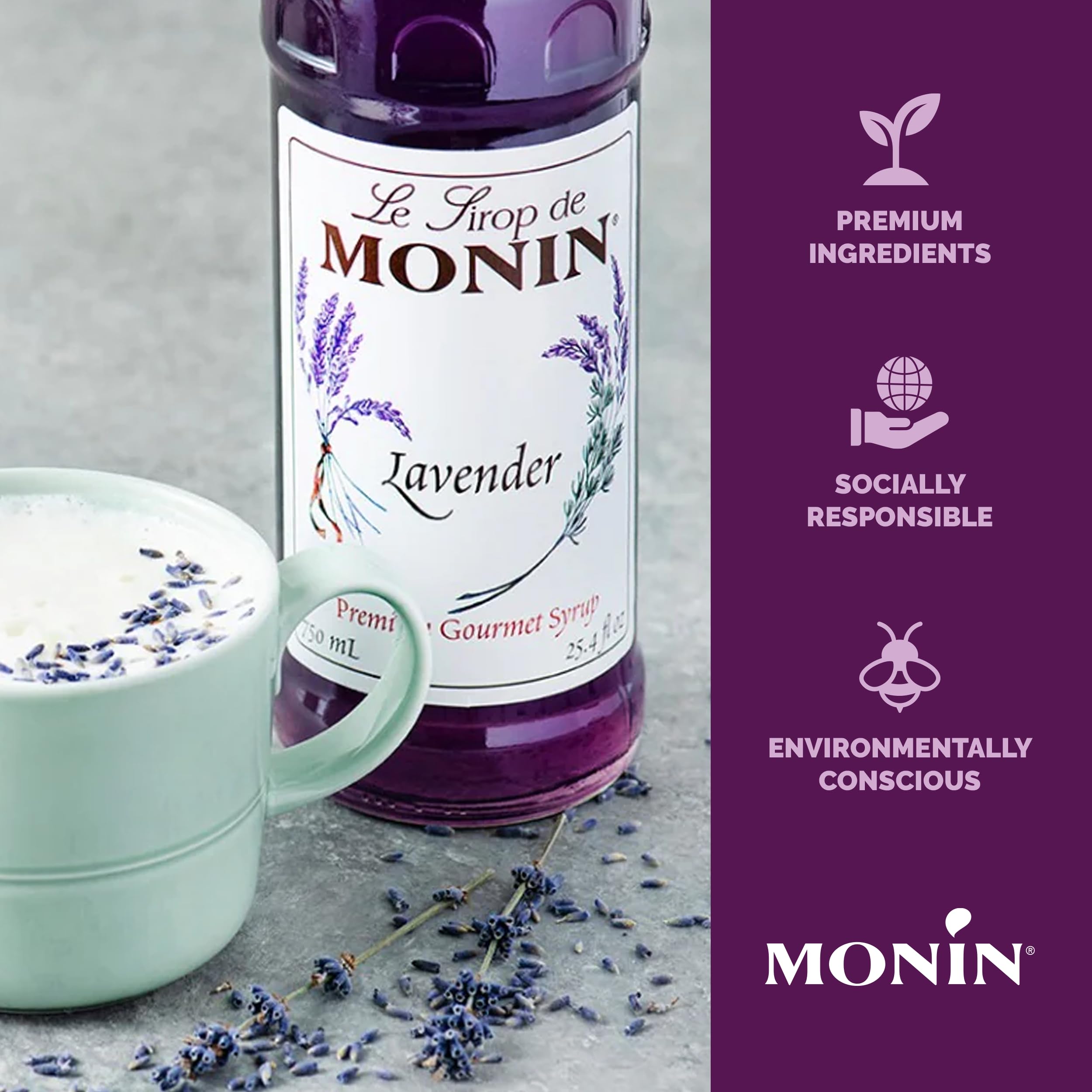 Monin Lavender Syrup latte cup, showcasing aromatic floral notes in cafe drinks