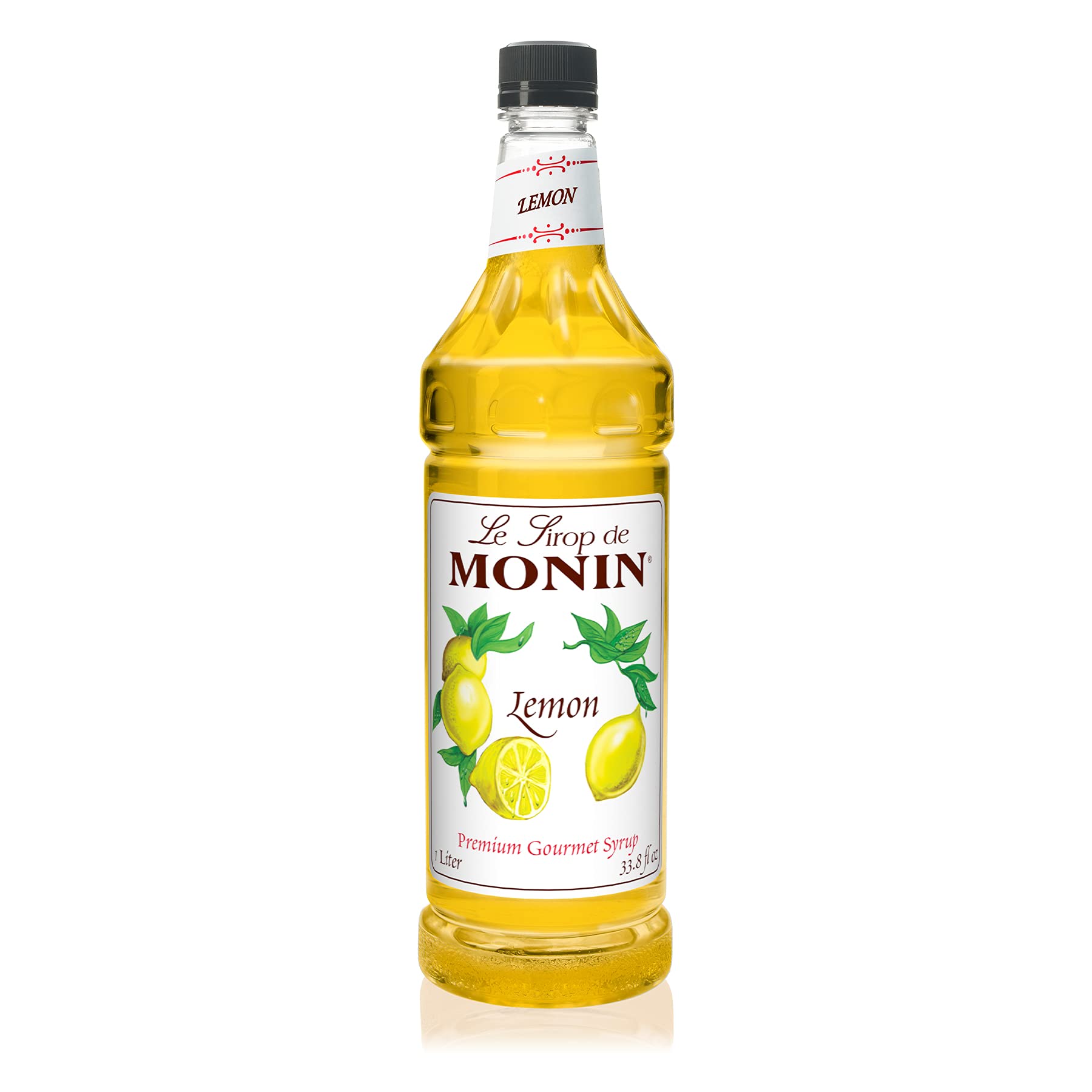 Monin Lemon Syrup bottle pour brightens lemonades and cocktails for refreshing drinks.