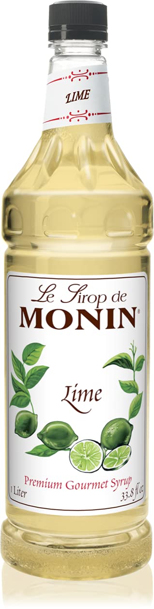 Monin Lime Drink Syrup bottle front view, ideal for vibrant cocktails.