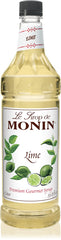 Monin Lime Drink Syrup bottle front view, ideal for vibrant cocktails.