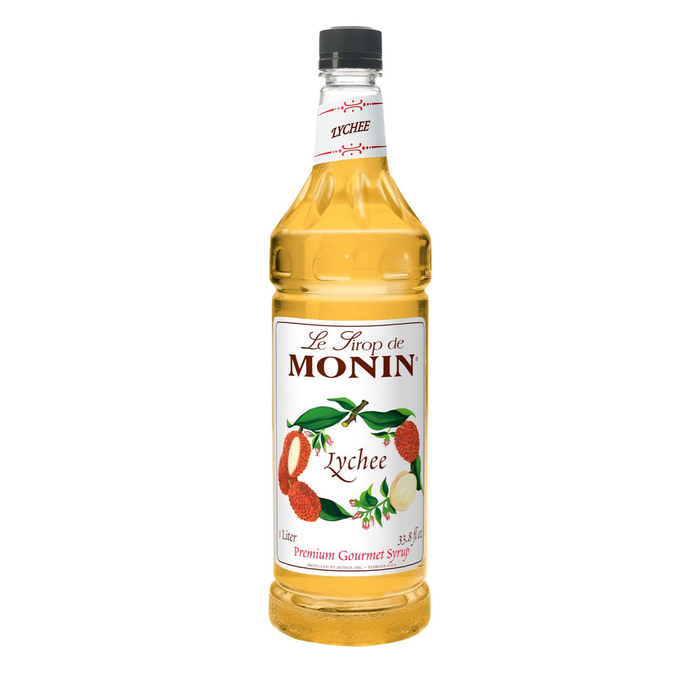 Monin Lychee bottle enhances cocktails, teas, and lemonades with exotic sweetness.