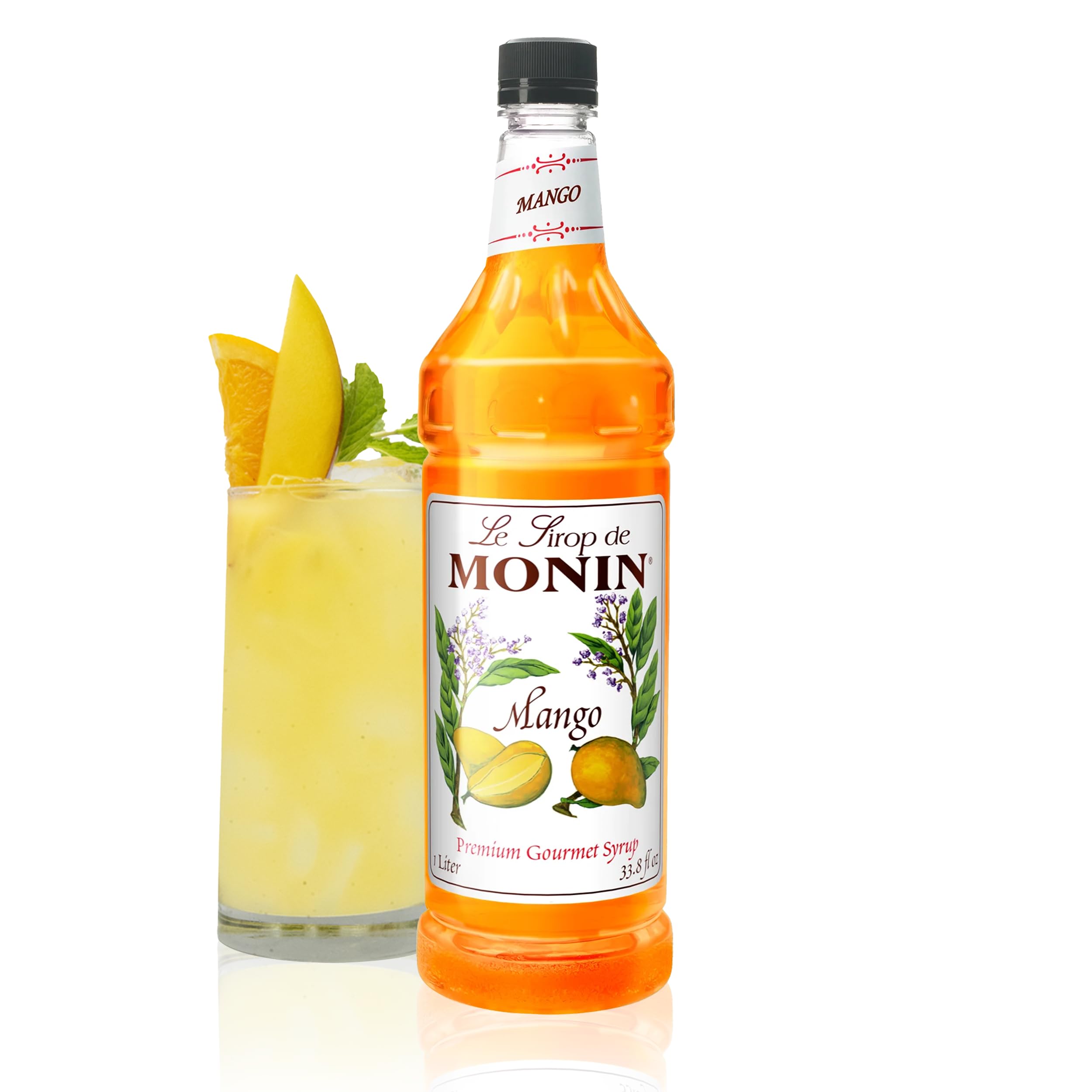Monin Mango Syrup bottle pour for tropical cocktail flavor inspiration