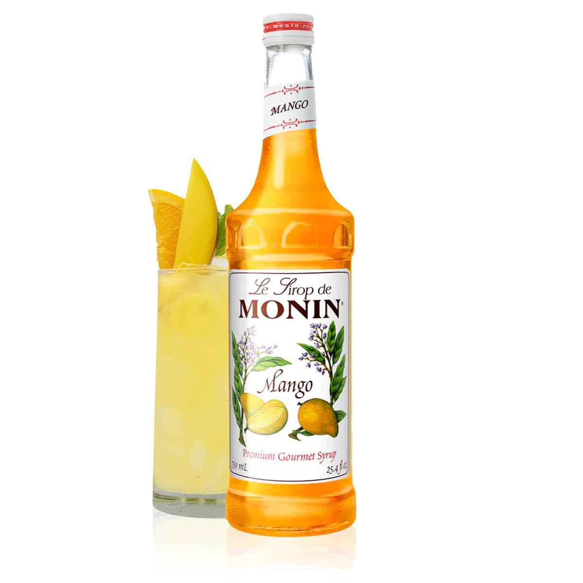 Monin Mango Syrup bottle pour enhances tropical cocktails with mango sweetness