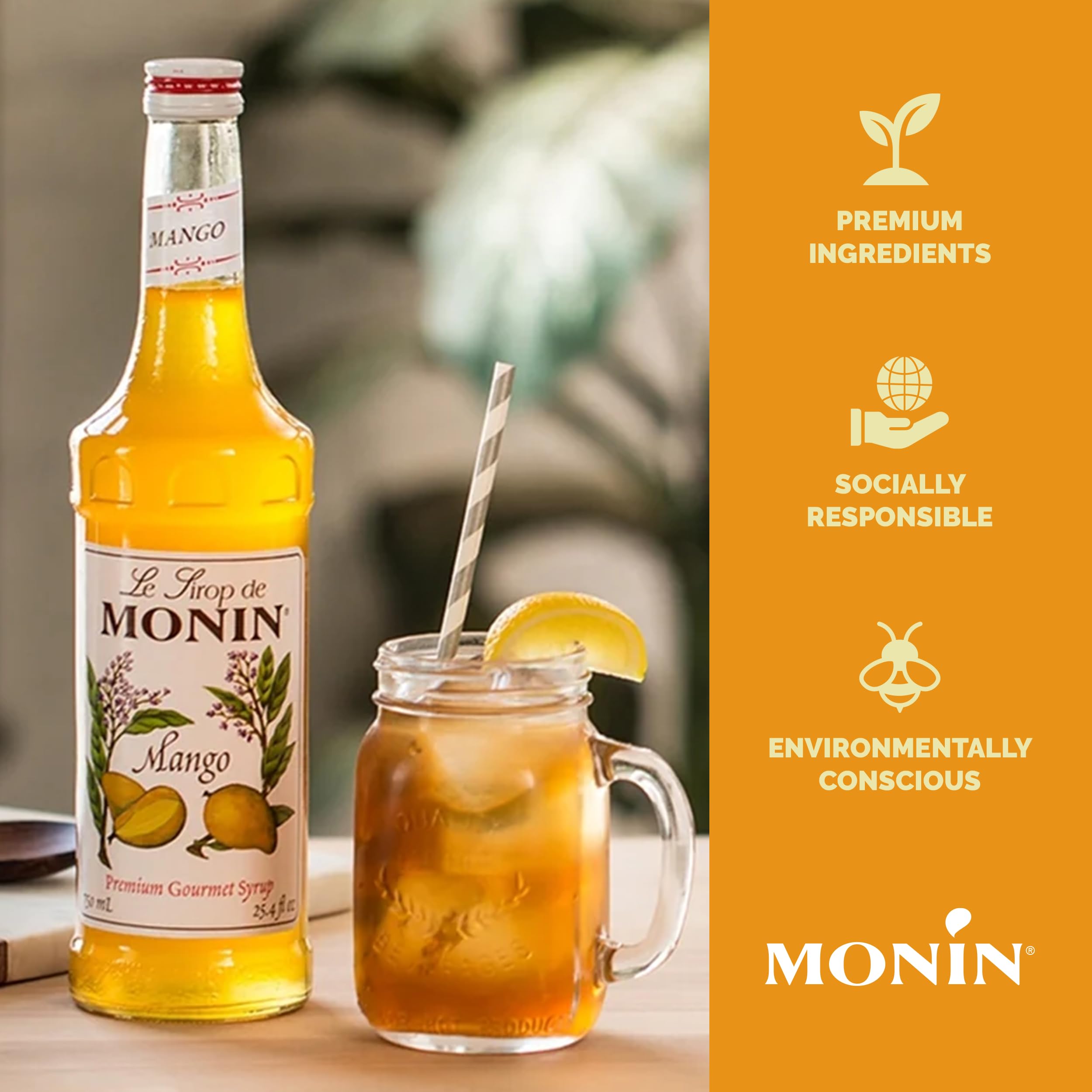 Monin Mango Syrup on shelf with BPA-free packaging and recyclable materials