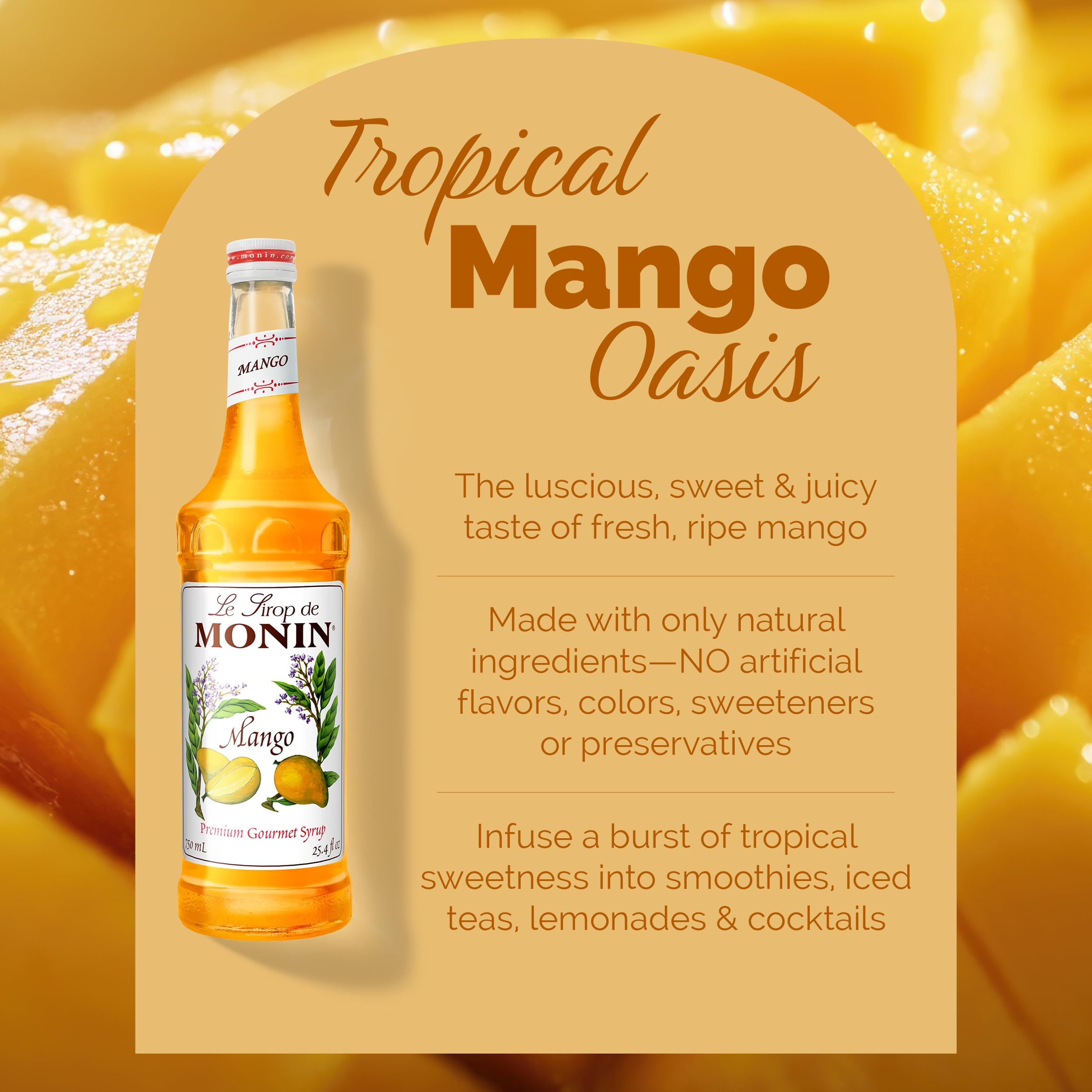 Monin Mango Syrup soda glass close-up highlights refreshing tropical notes