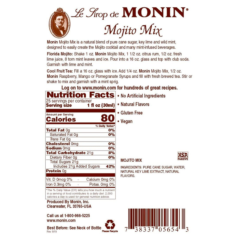 Monin Mojito Mix Syrup bottle with mint aroma for flavorful drinks