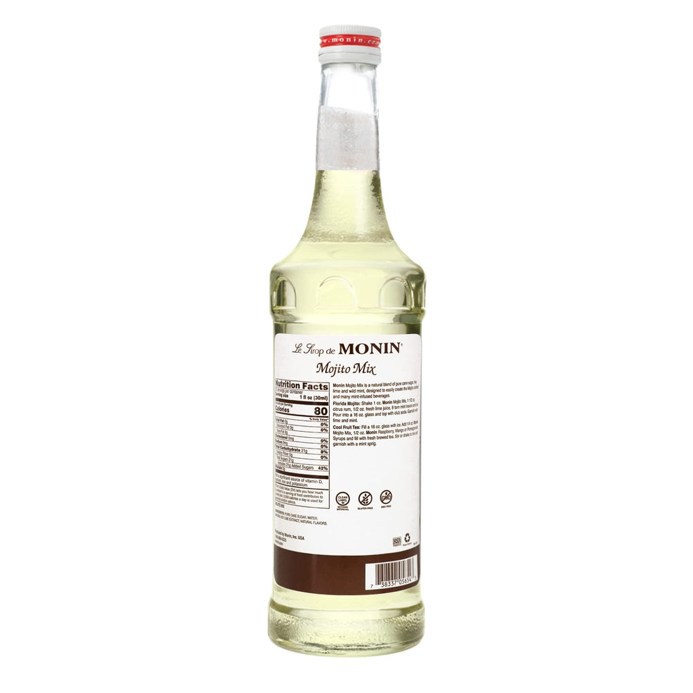 Monin Mojito Mix Syrup bottle label visible for quick recipe identification