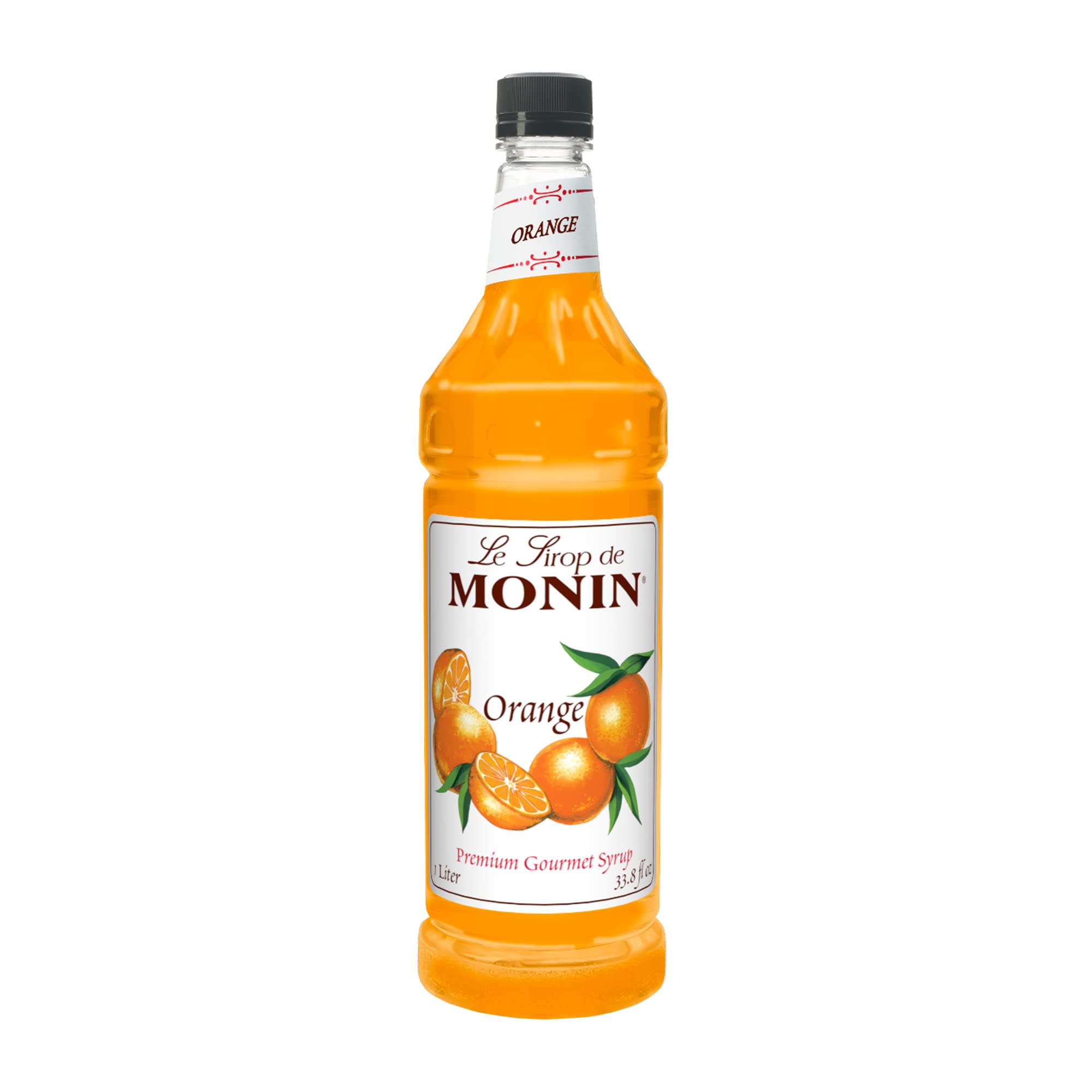 Monin Orange Syrup bottle pour for cocktails and desserts.