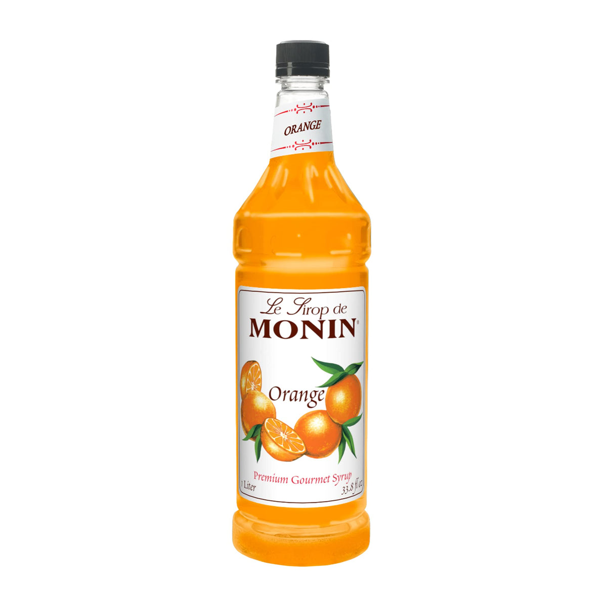 Monin Orange Syrup bottle pour for cocktails and desserts.