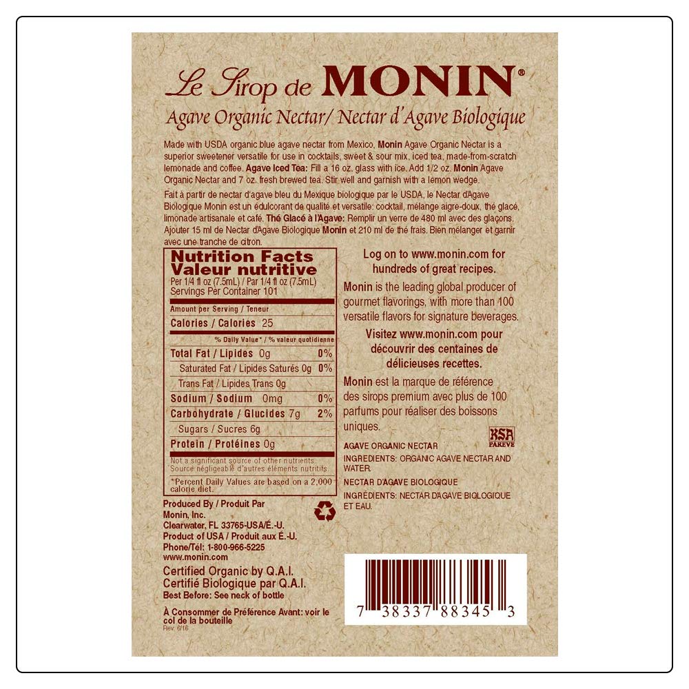 Close-up of Monin Organic Agave Nectar bottle highlighting notes.