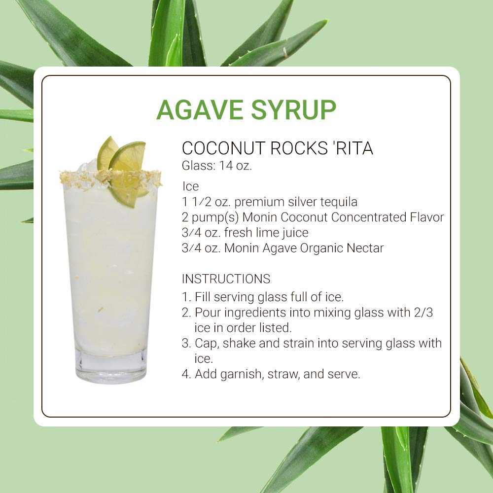 Cocktail setup with Monin Organic Agave Nectar for depth.