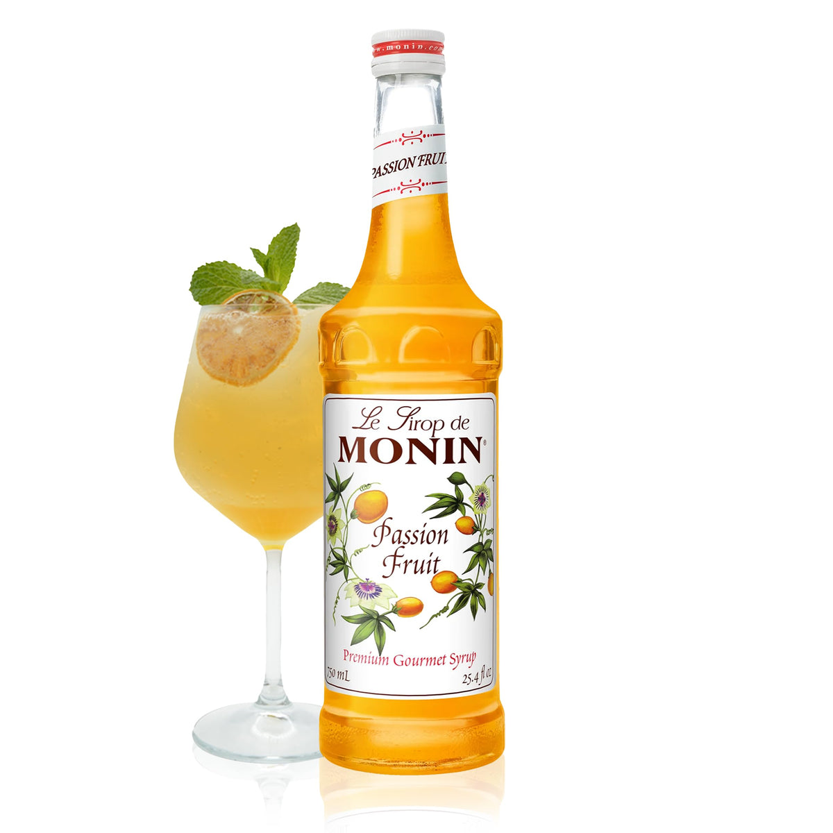 Monin Passion Fruit Syrup bottle closeup highlighting natural flavors ideal for cocktails and teas
