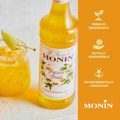 Monin Passion Fruit Syrup ingredients closeup showing real fruit notes