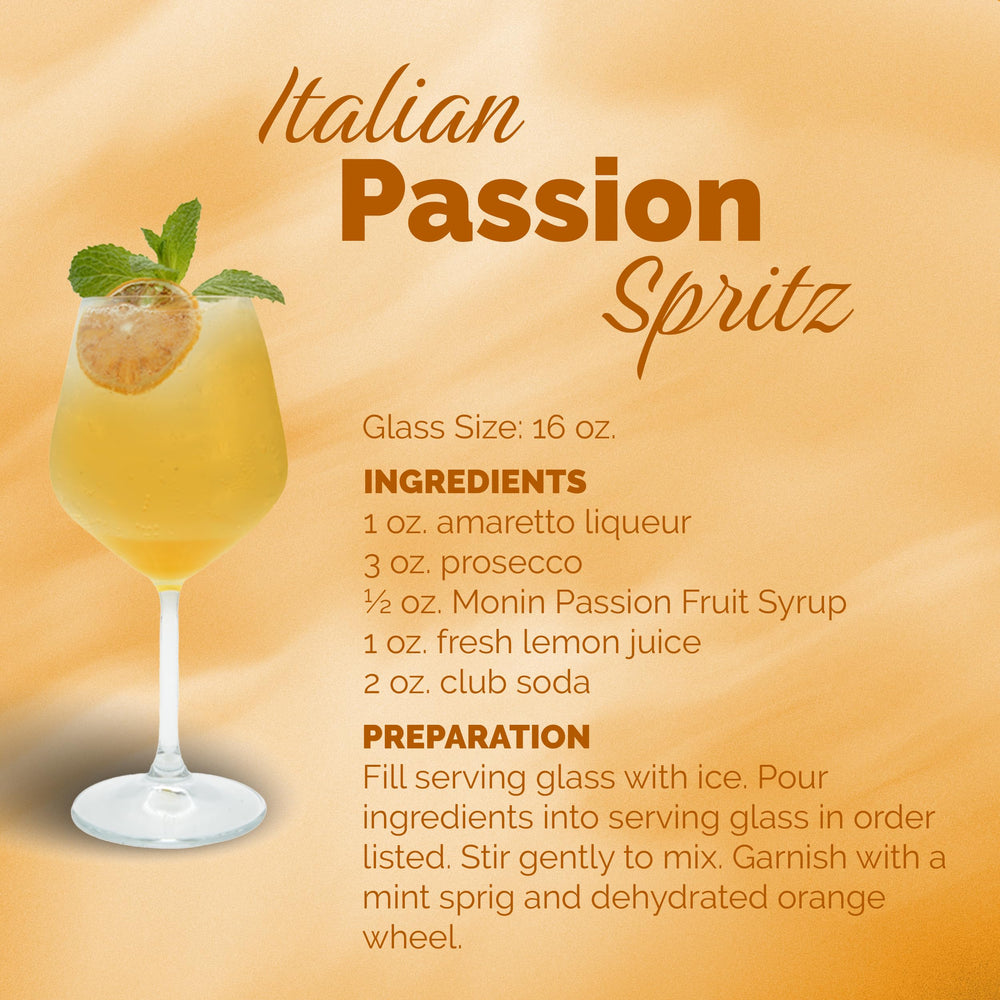 Monin Passion Fruit Syrup packaging box emphasizing clean label and eco packaging