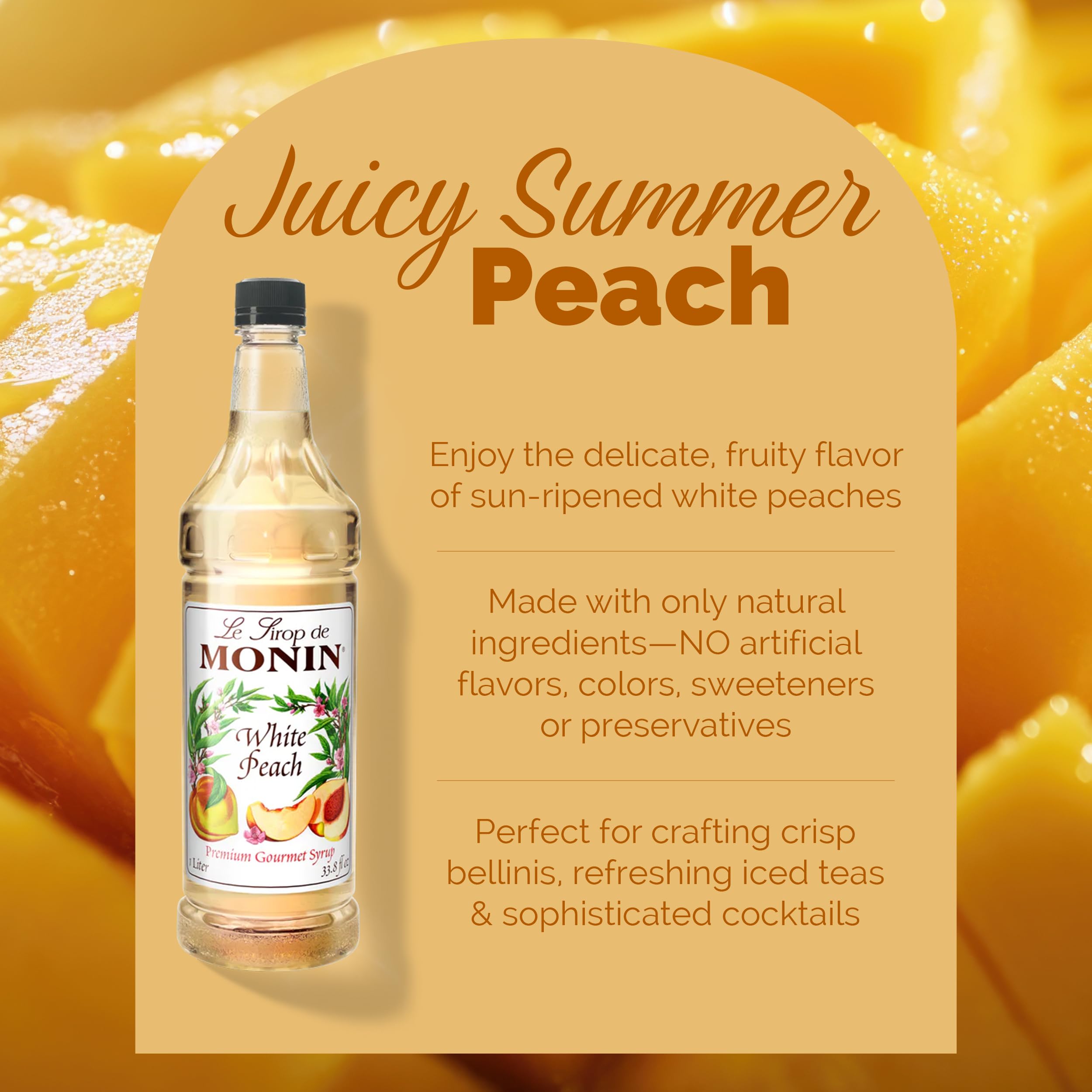 Peach cocktail setup featuring Monin White Peach Syrup for bright flavor