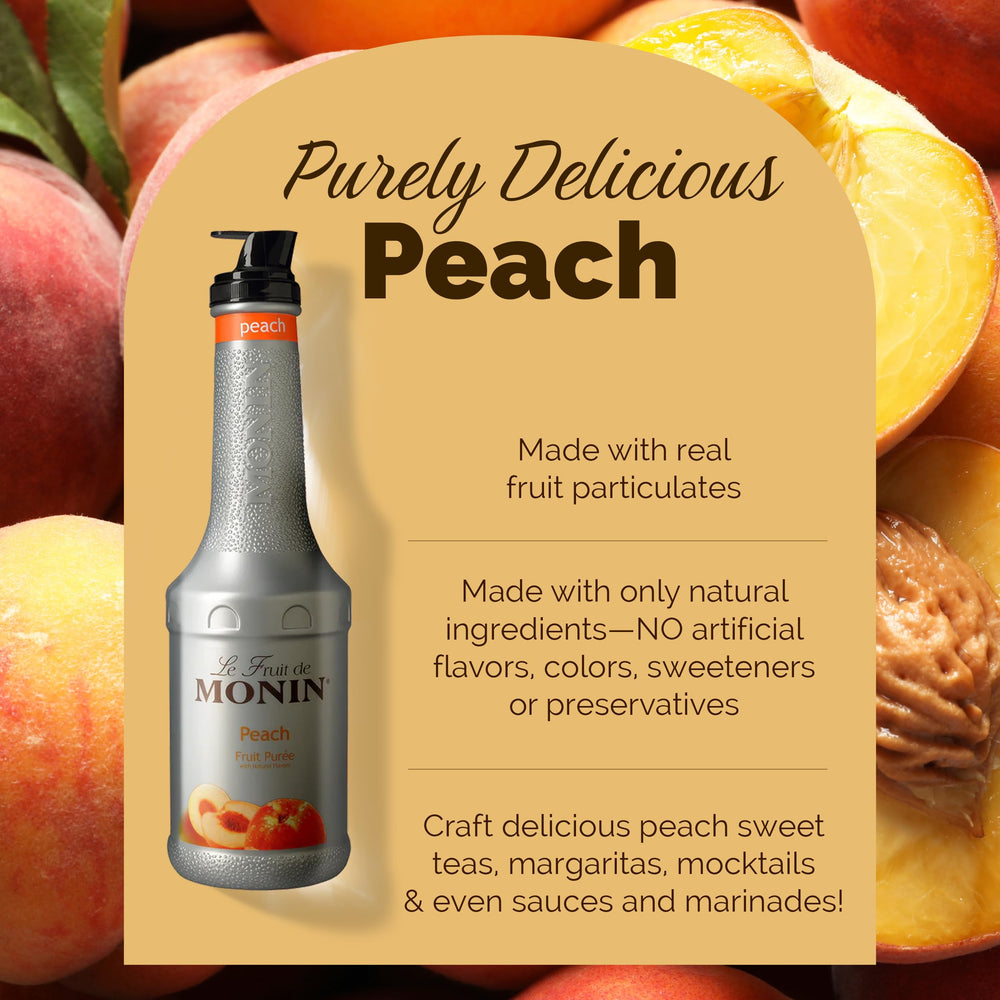 Close-up of Monin Peach Purée label showing allergen-free and real fruit ingredients.