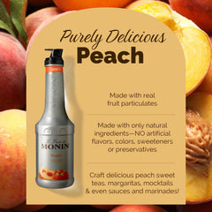 Close-up of Monin Peach Purée label showing allergen-free and real fruit ingredients.