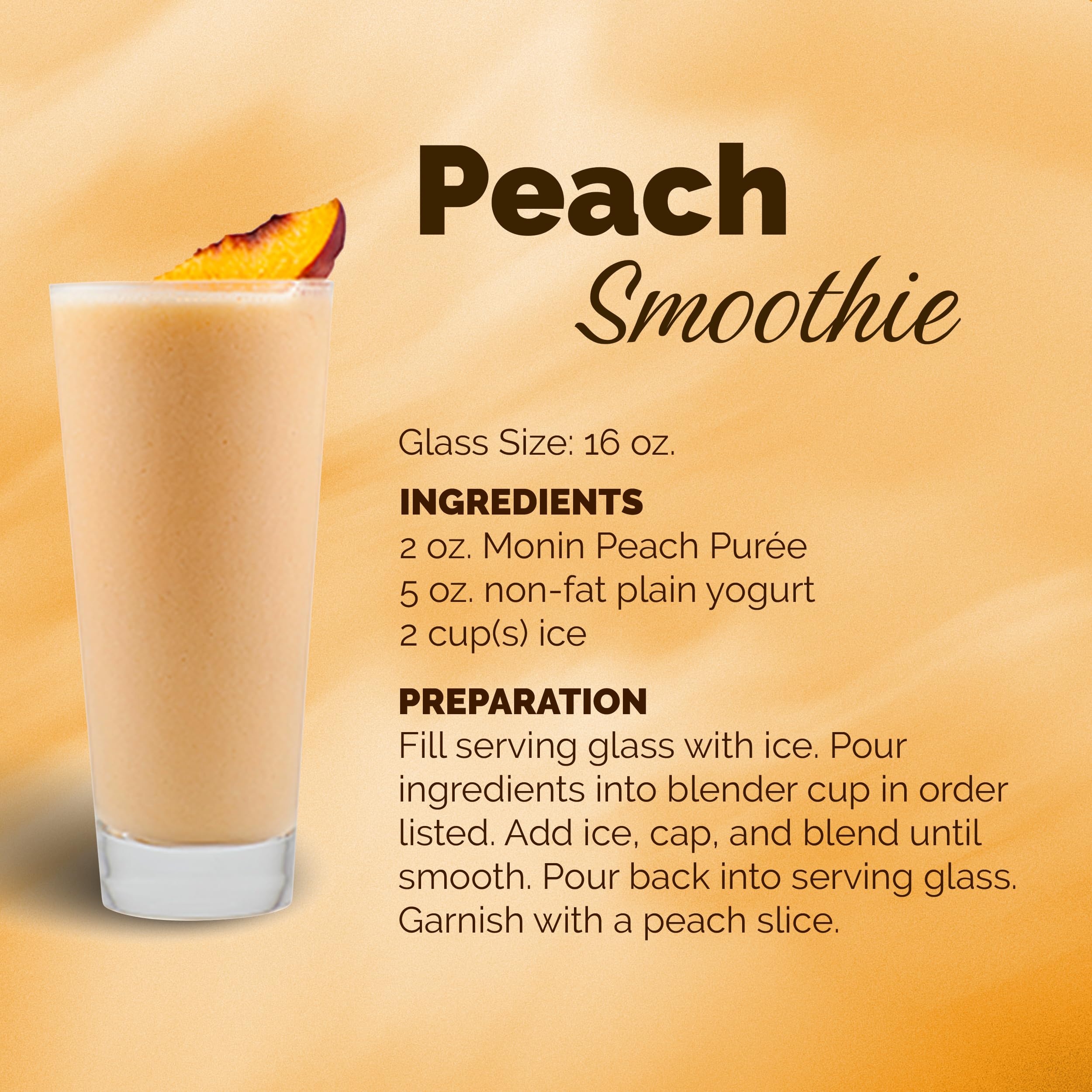 Monin Peach Purée blended into a smoothie with fresh peaches.