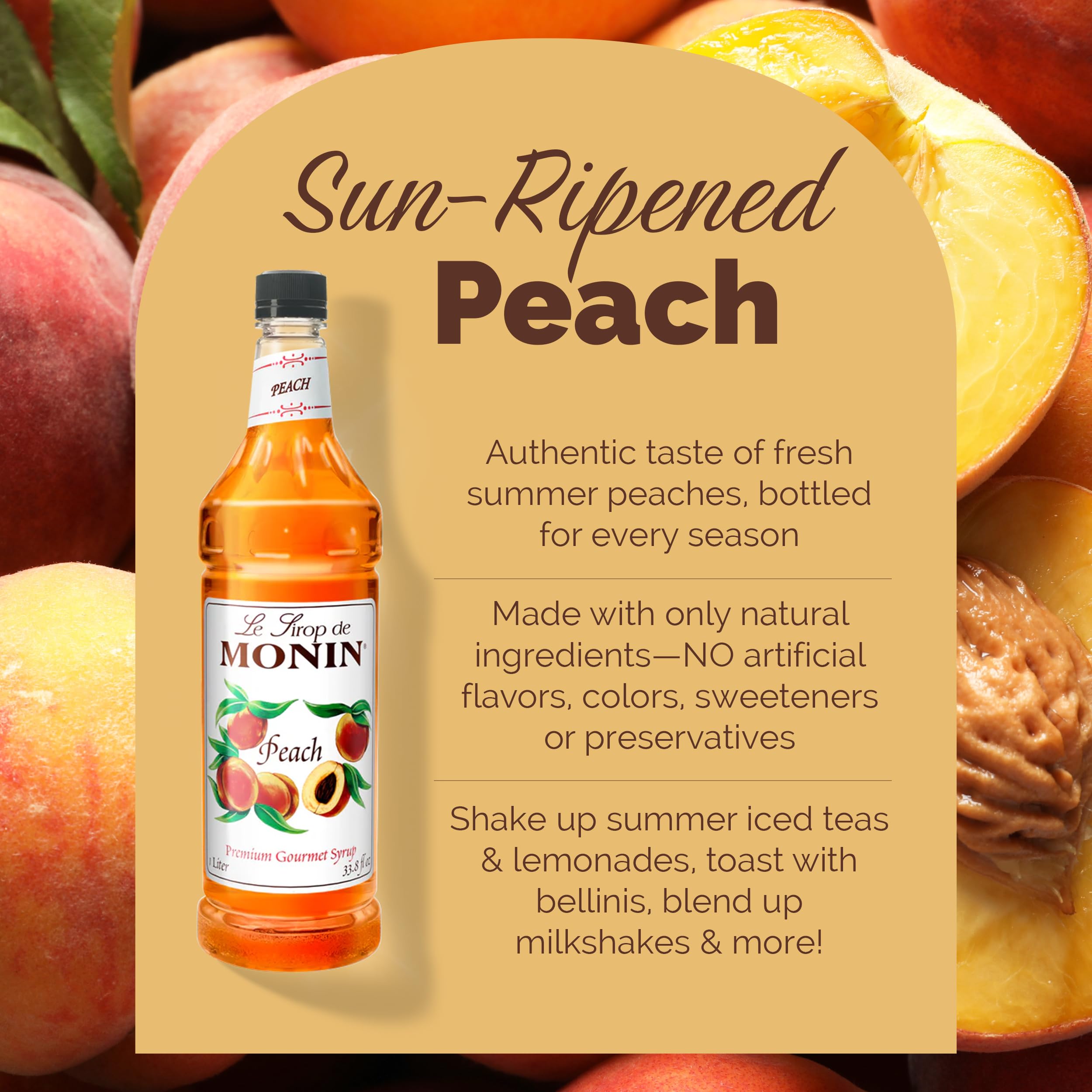 Chilled peach iced tea prepared with Monin syrup delivering a bright summer note.