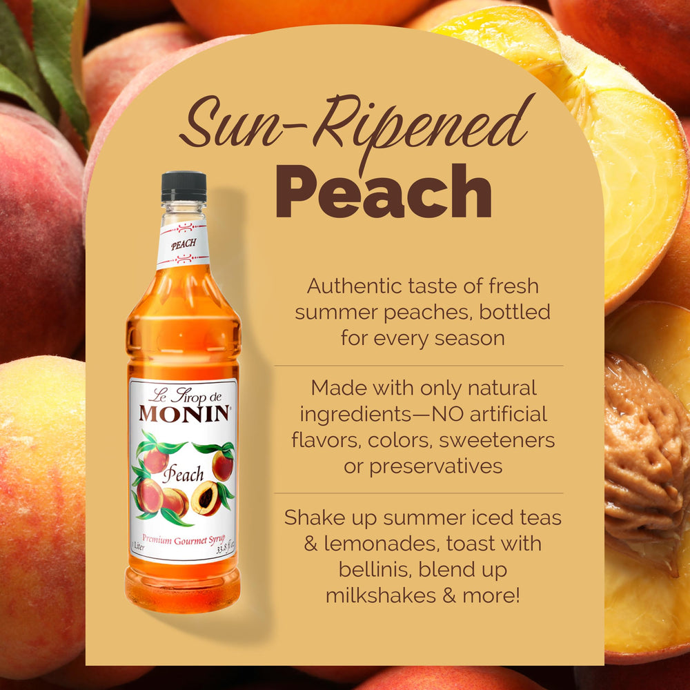 Chilled peach iced tea prepared with Monin syrup delivering a bright summer note.