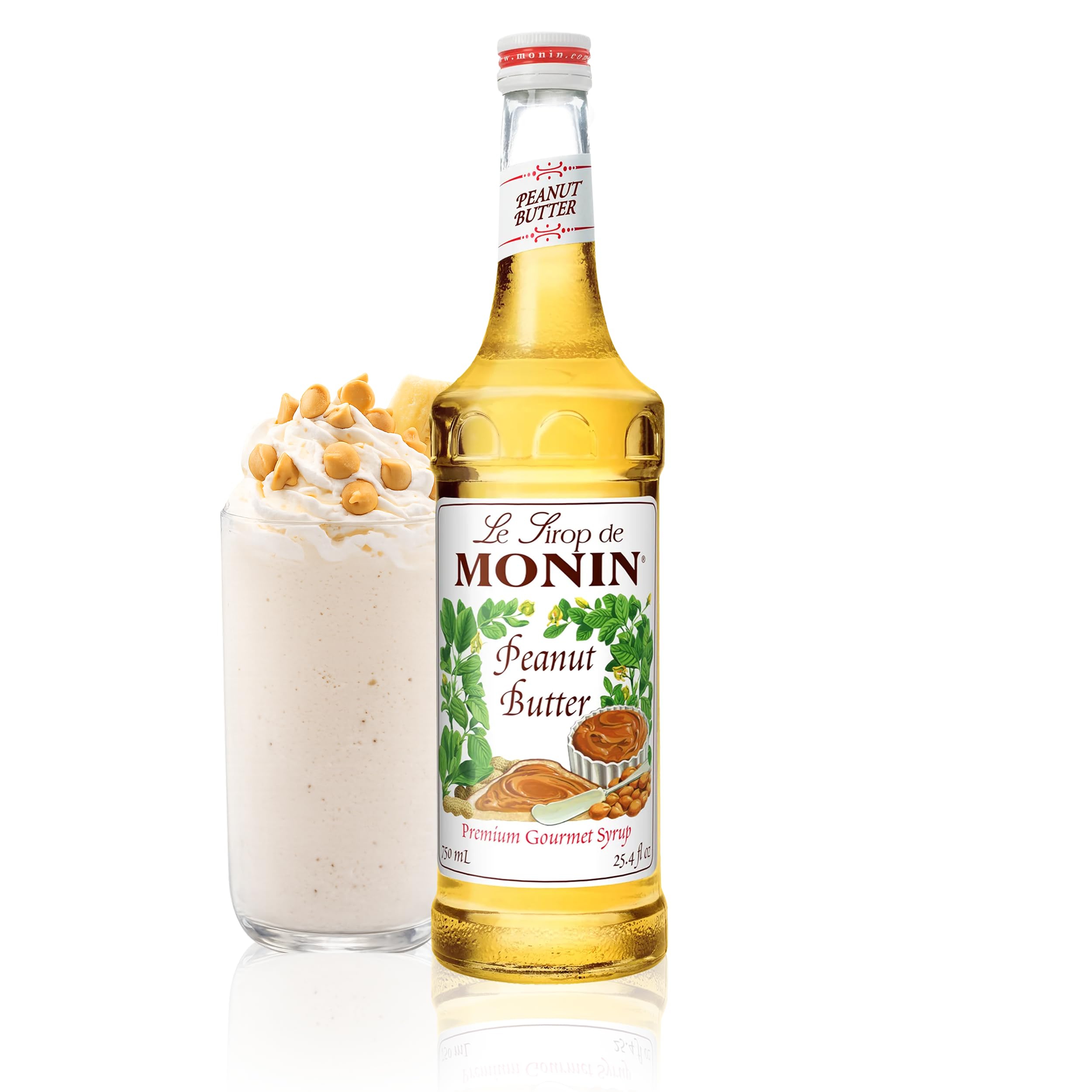 Monin Peanut Butter Syrup bottle pour for a creamy beverage