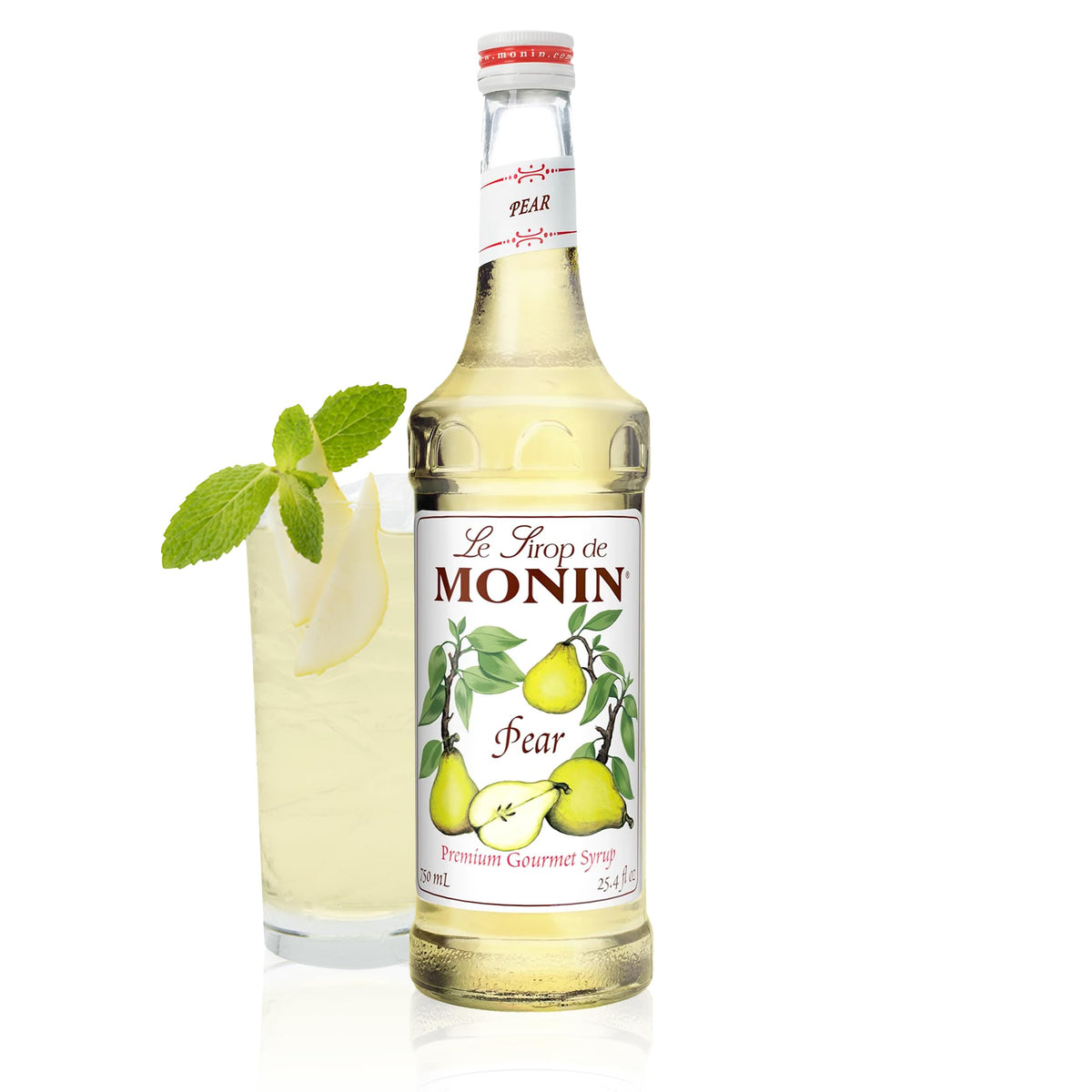 Monin Pear Syrup bottle highlights natural flavor for drinks and desserts.