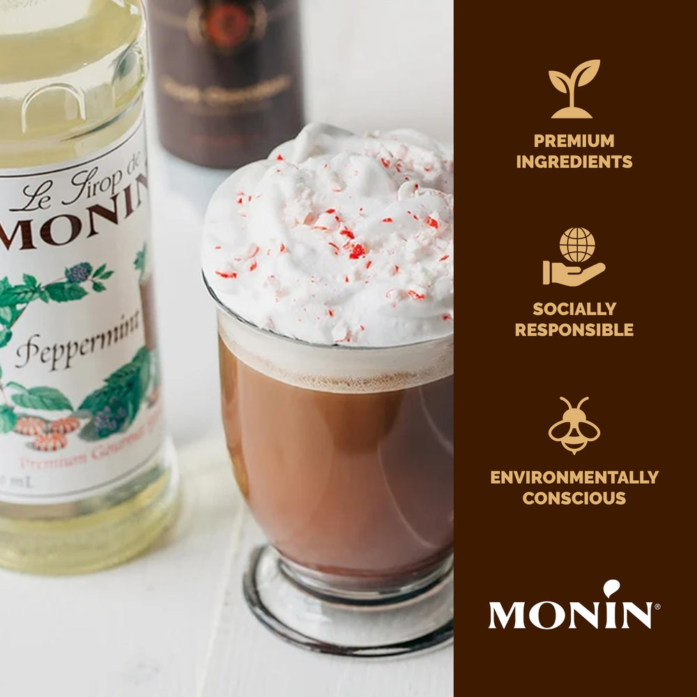 Monin Peppermint Syrup on a cocoa or mocha setup for flavor experimentation.