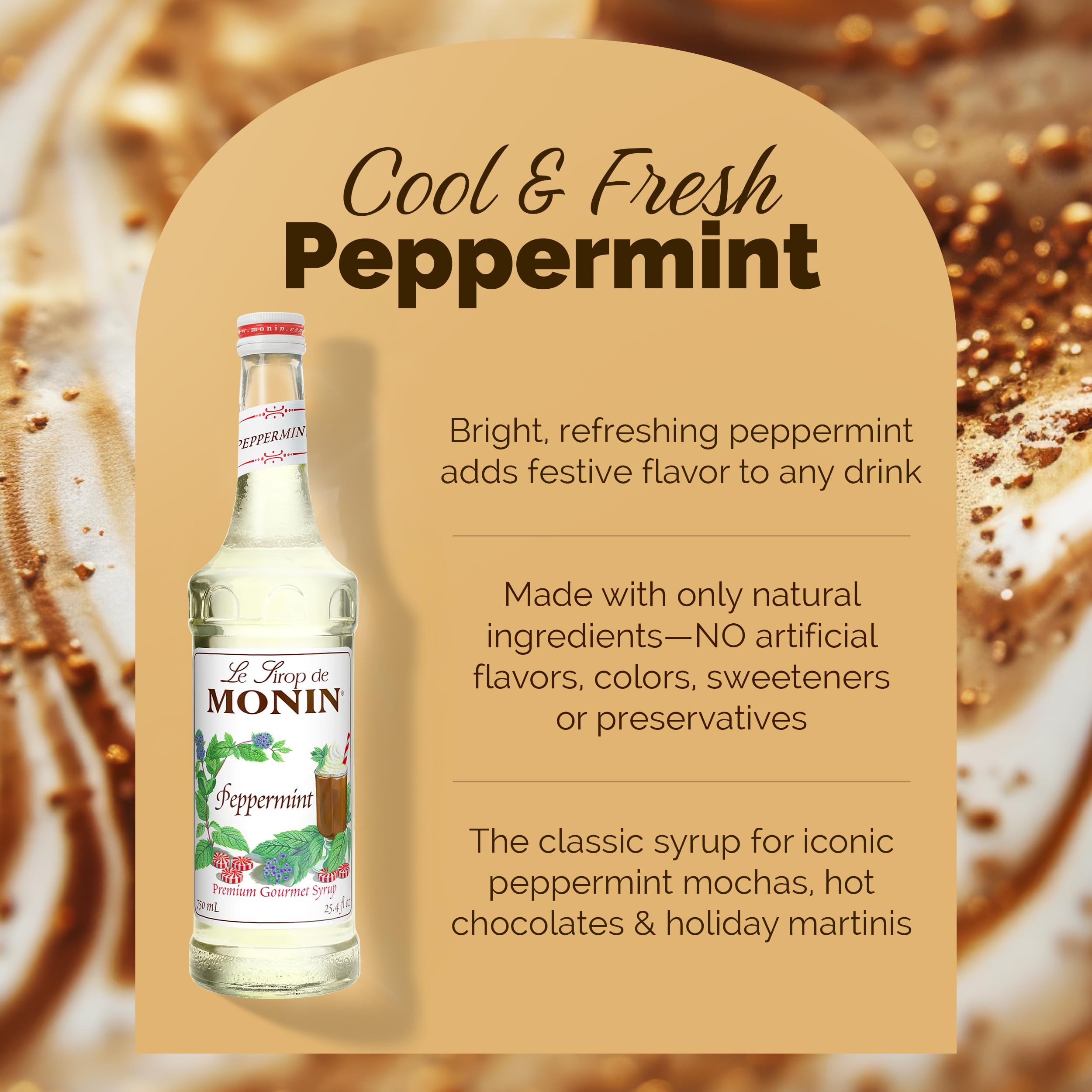 Monin Peppermint Syrup label close-up highlighting allergen-free ingredients.