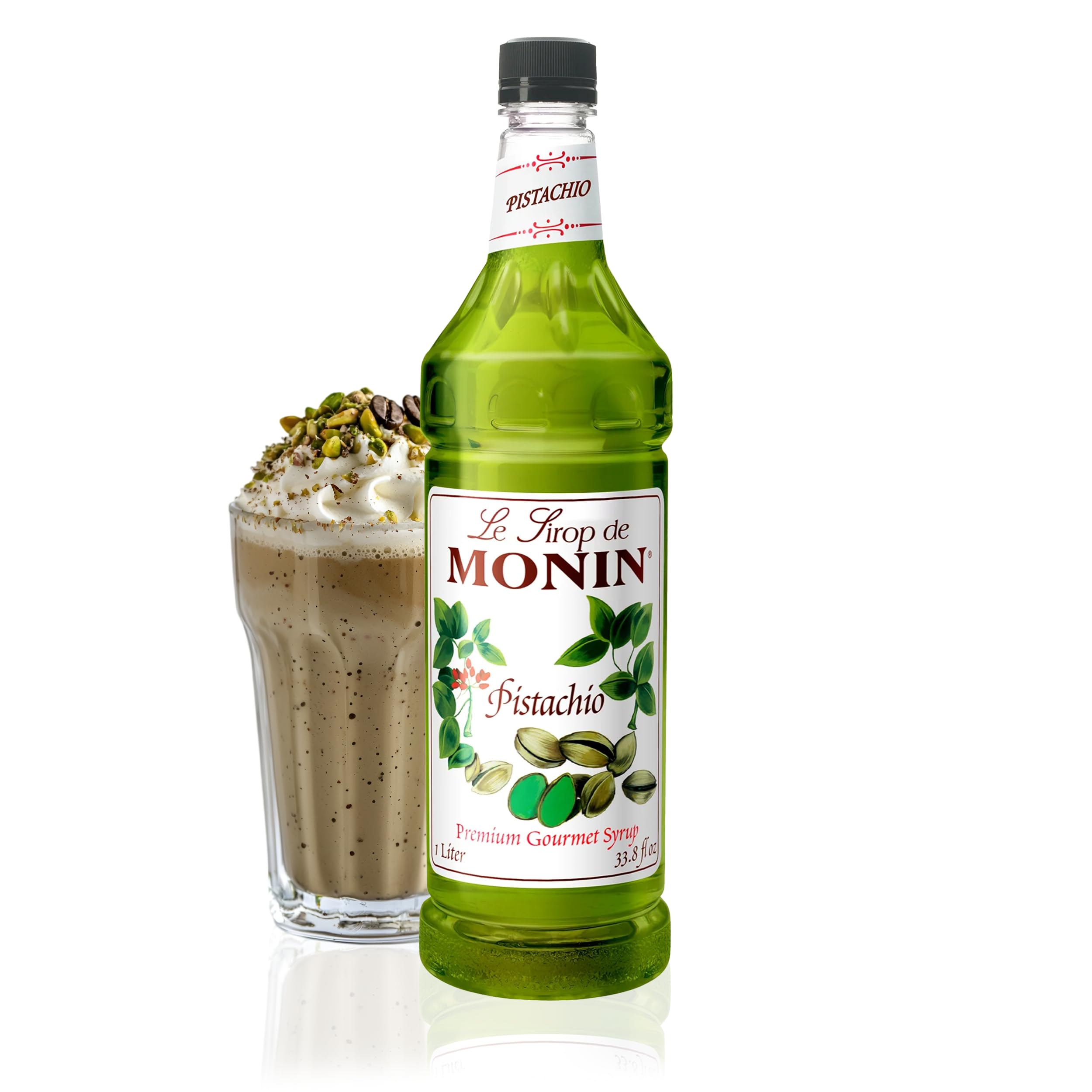 Monin Pistachio Syrup bottle pouring to add rich pistachio flavor to coffee