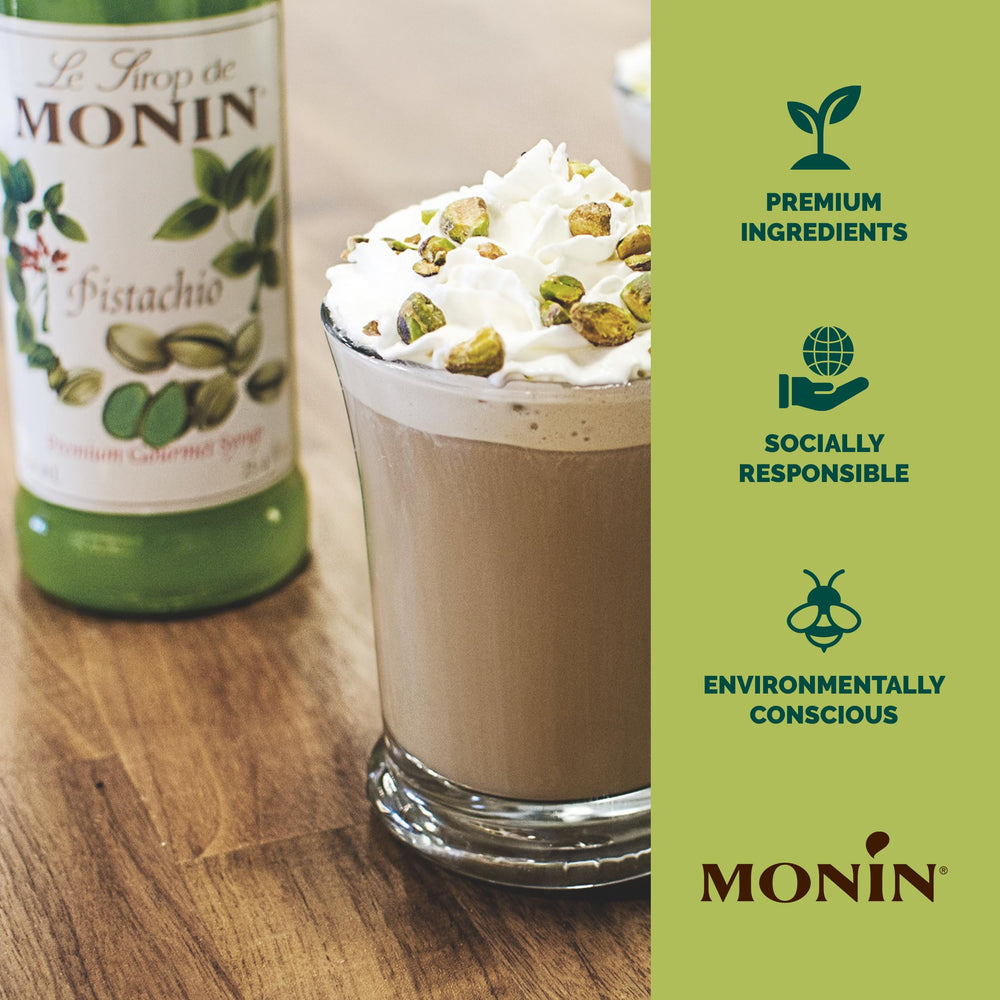 Monin Pistachio Syrup drizzle atop dessert for a rich finish