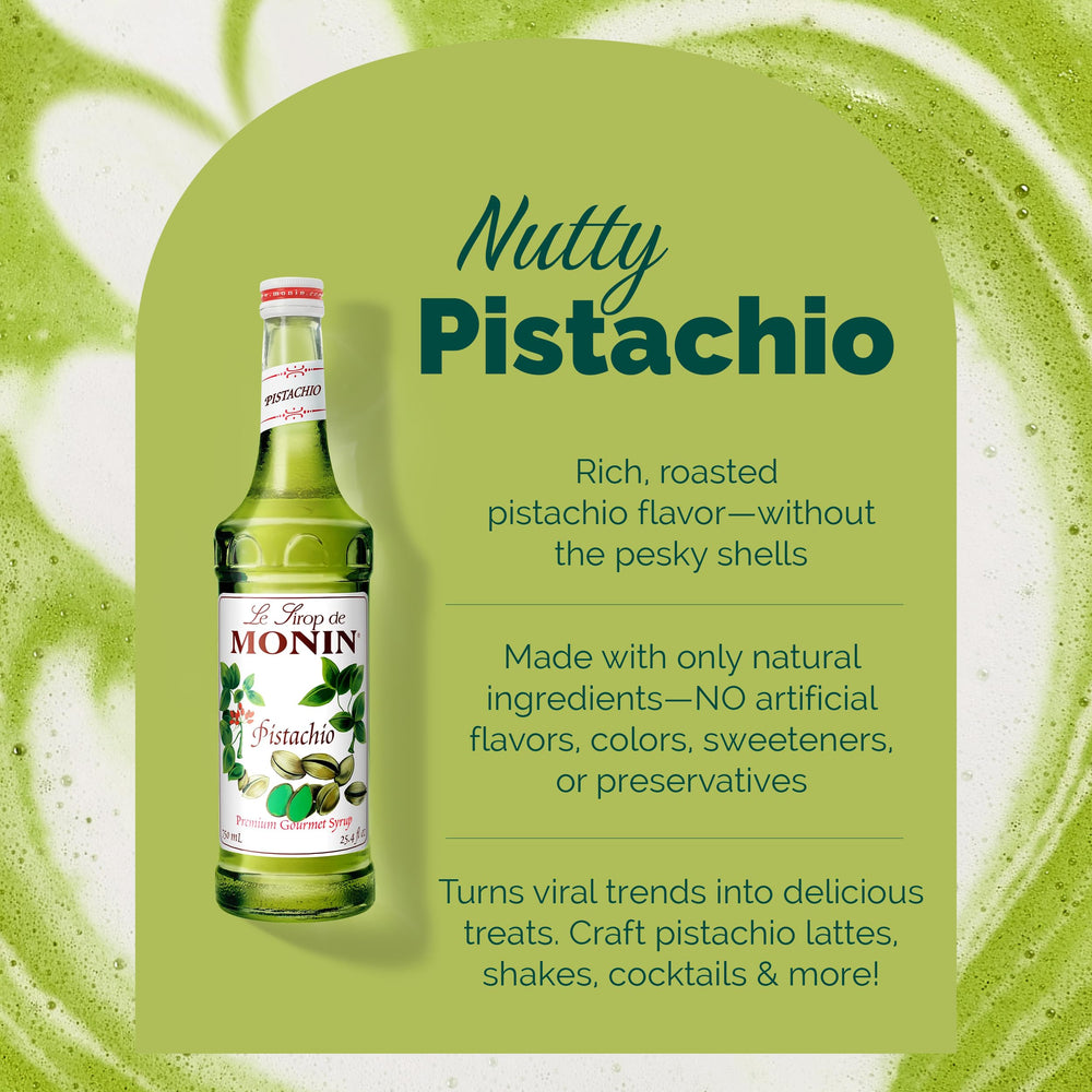 Monin Pistachio Syrup bottle in home bar for pistachio espresso martini preparation