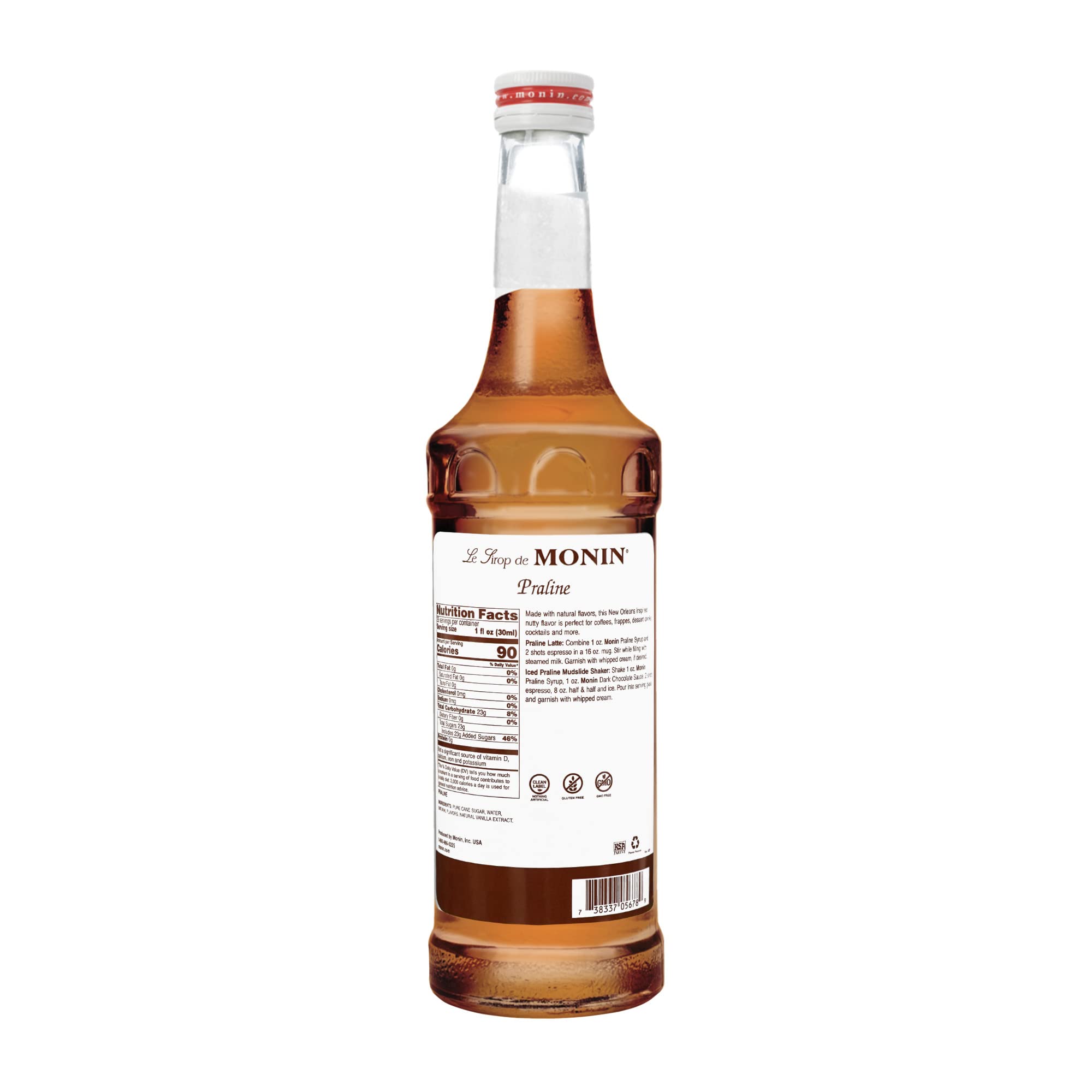 Monin Praline Syrup displayed beside a cocktail glass for seasonal cocktails.