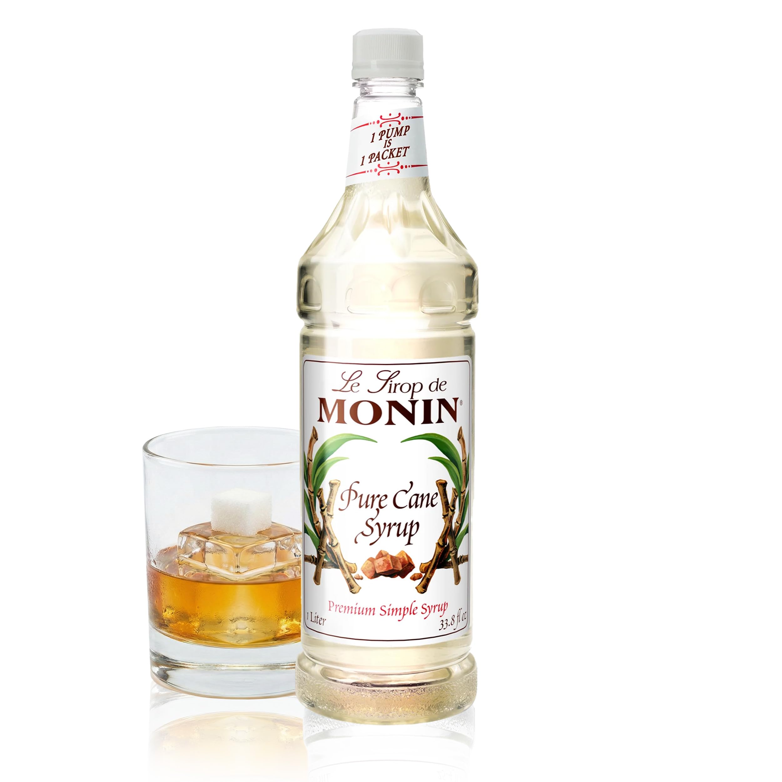 Monin Pure Cane Syrup bottle front, premium labeling and clean flavor cue.