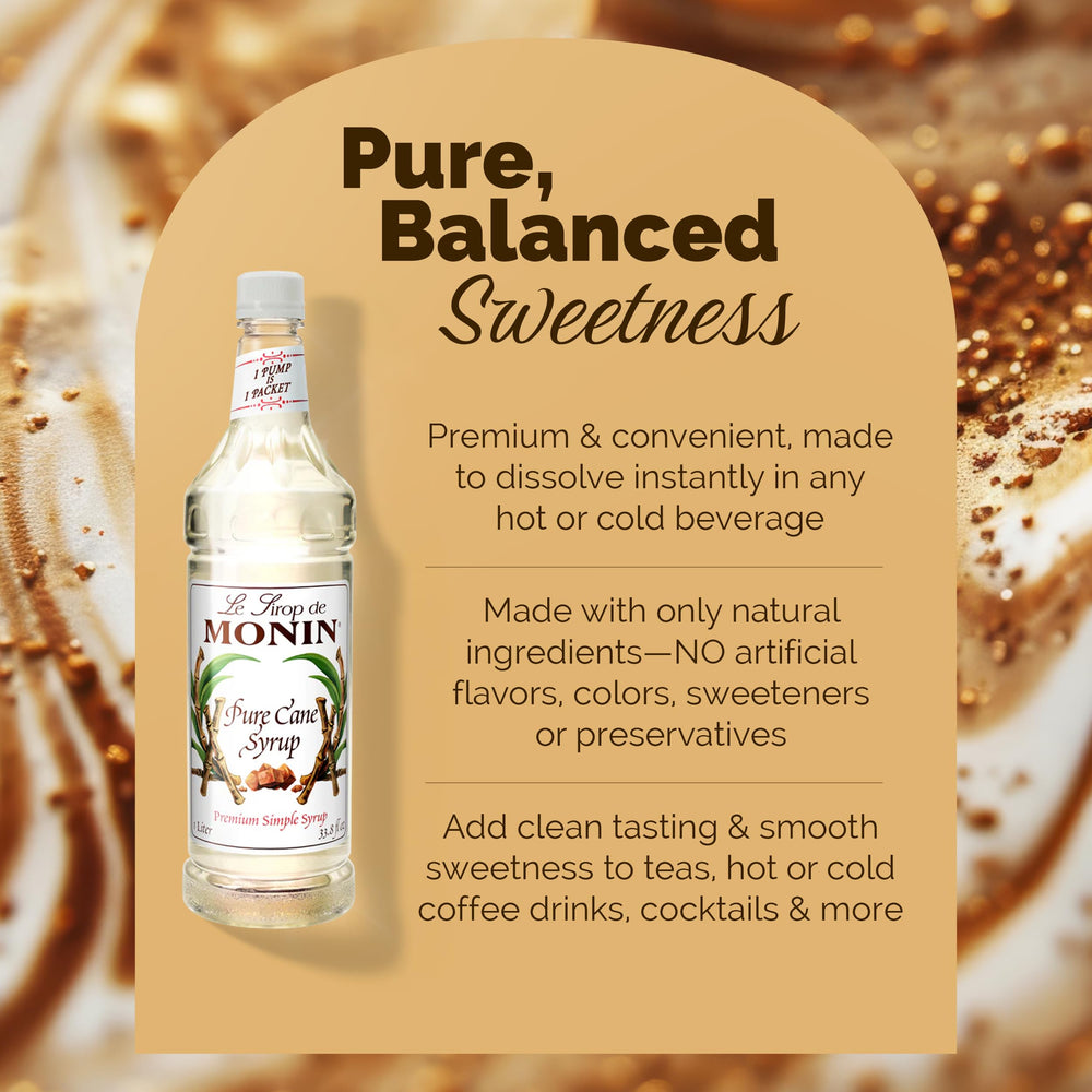 Dissolving in hot coffee, Monin Pure Cane Syrup adds balanced sweetness.