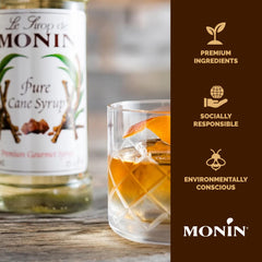 Label on Monin Pure Cane Syrup highlighting allergen-free and non-GMO ingredients